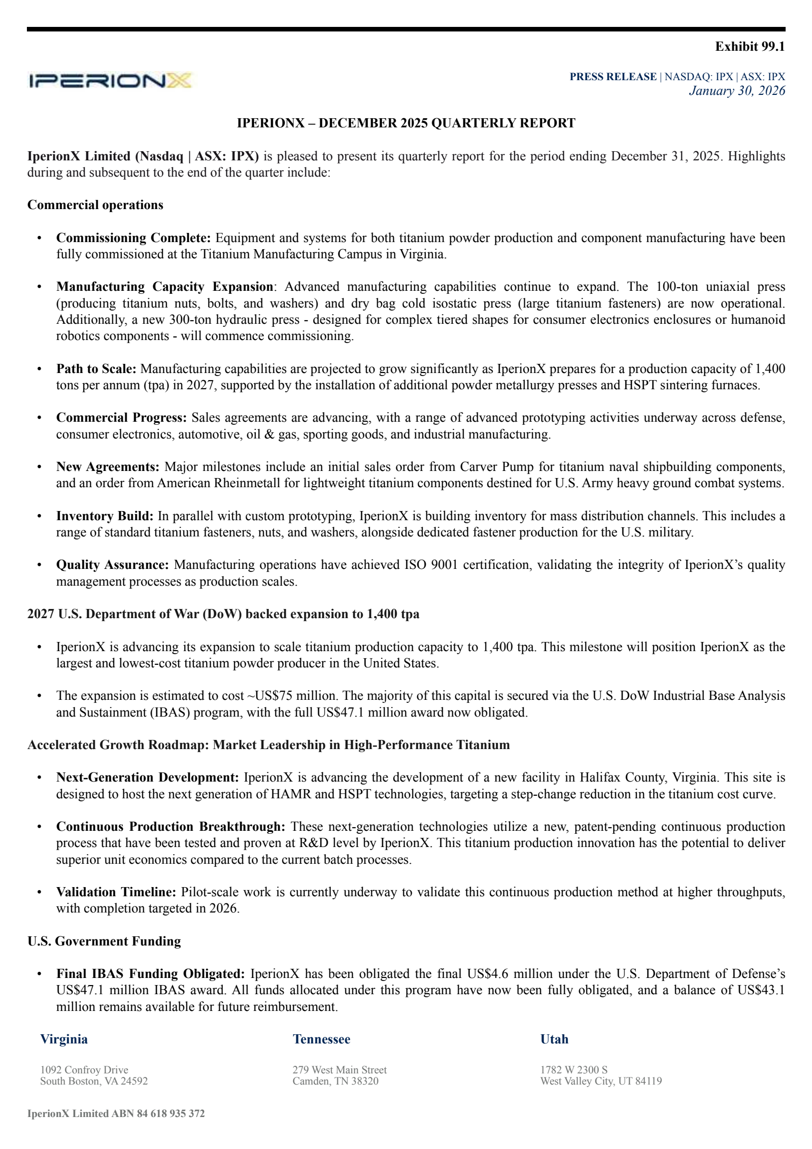 IperionX's Q2 2026 TU Press Release