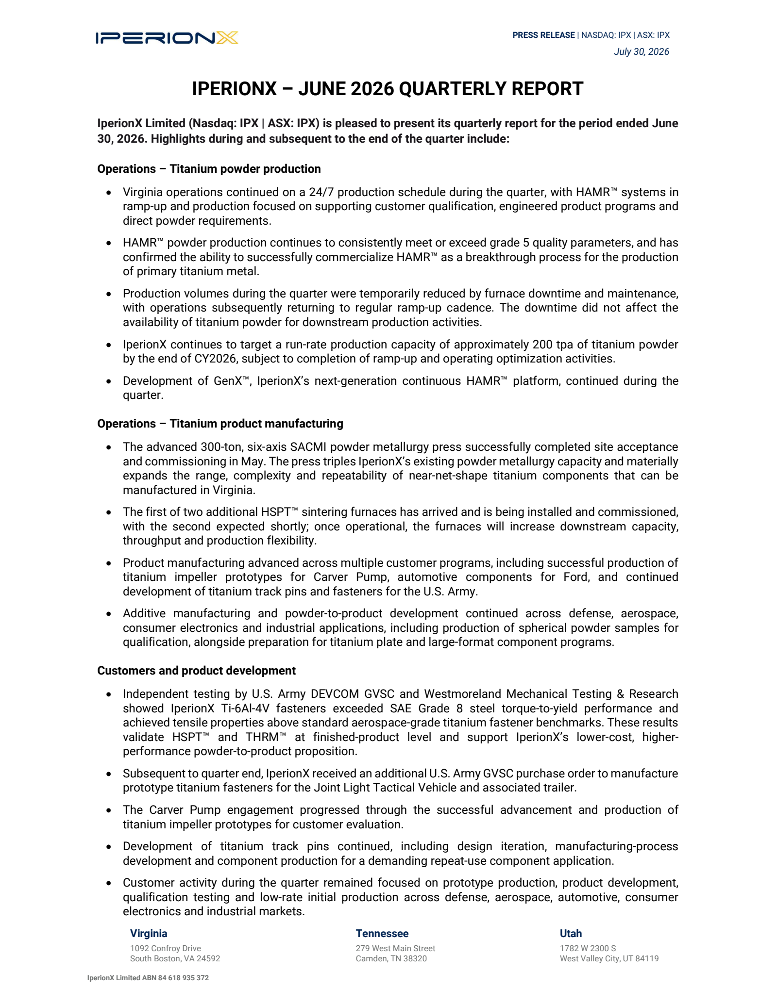 IperionX's Q4 2026 TU Press Release