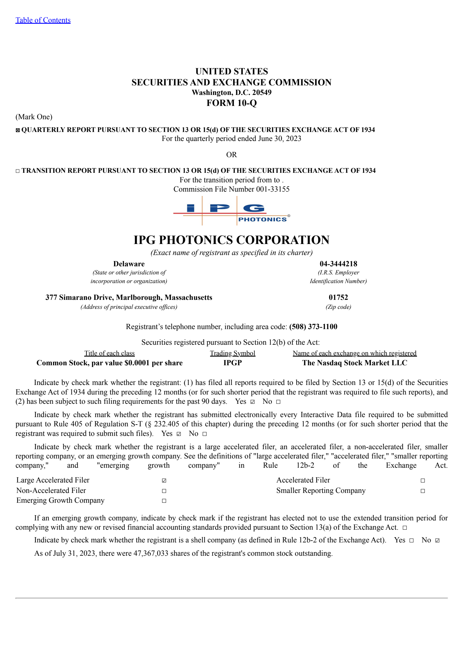 IPG Photonics' Q2 2023 Quarterly report