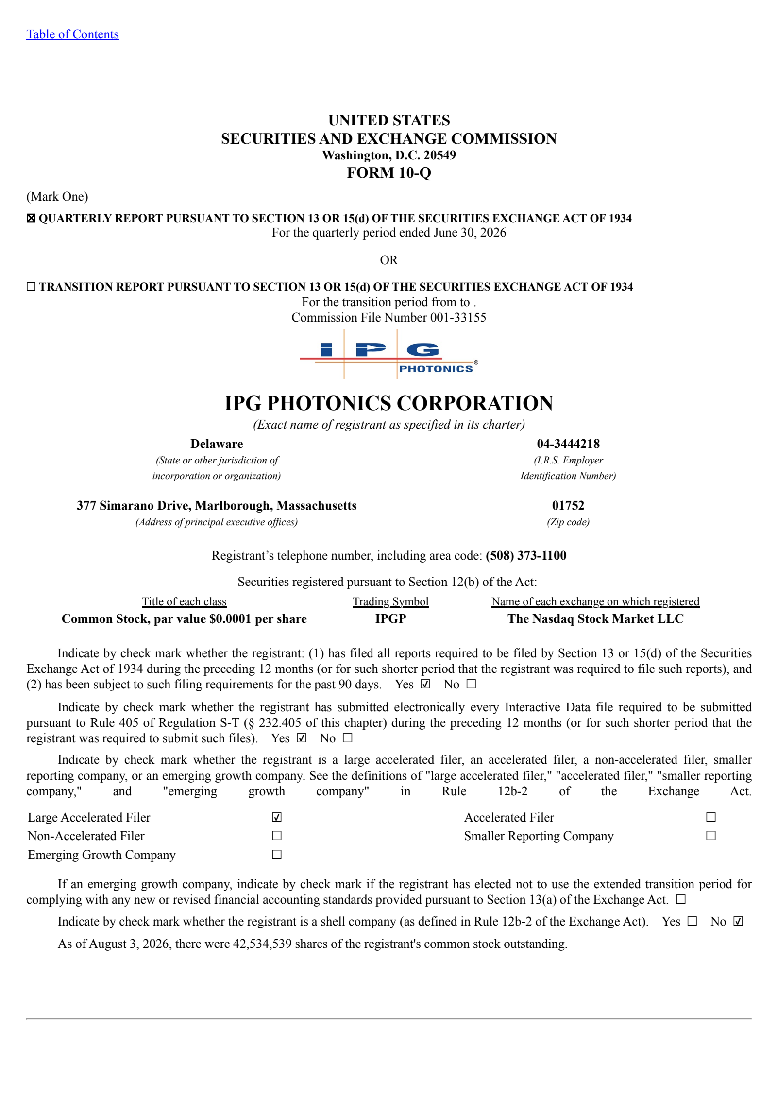 IPG Photonics' Q2 2026 Quarterly report