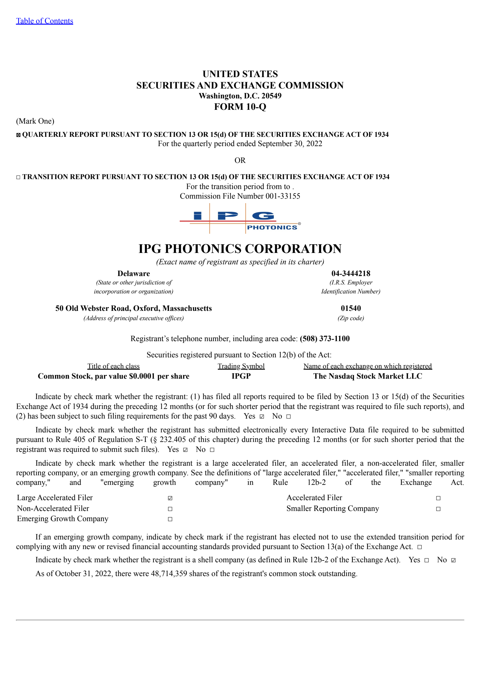 IPG Photonics' Q3 2022 Quarterly report