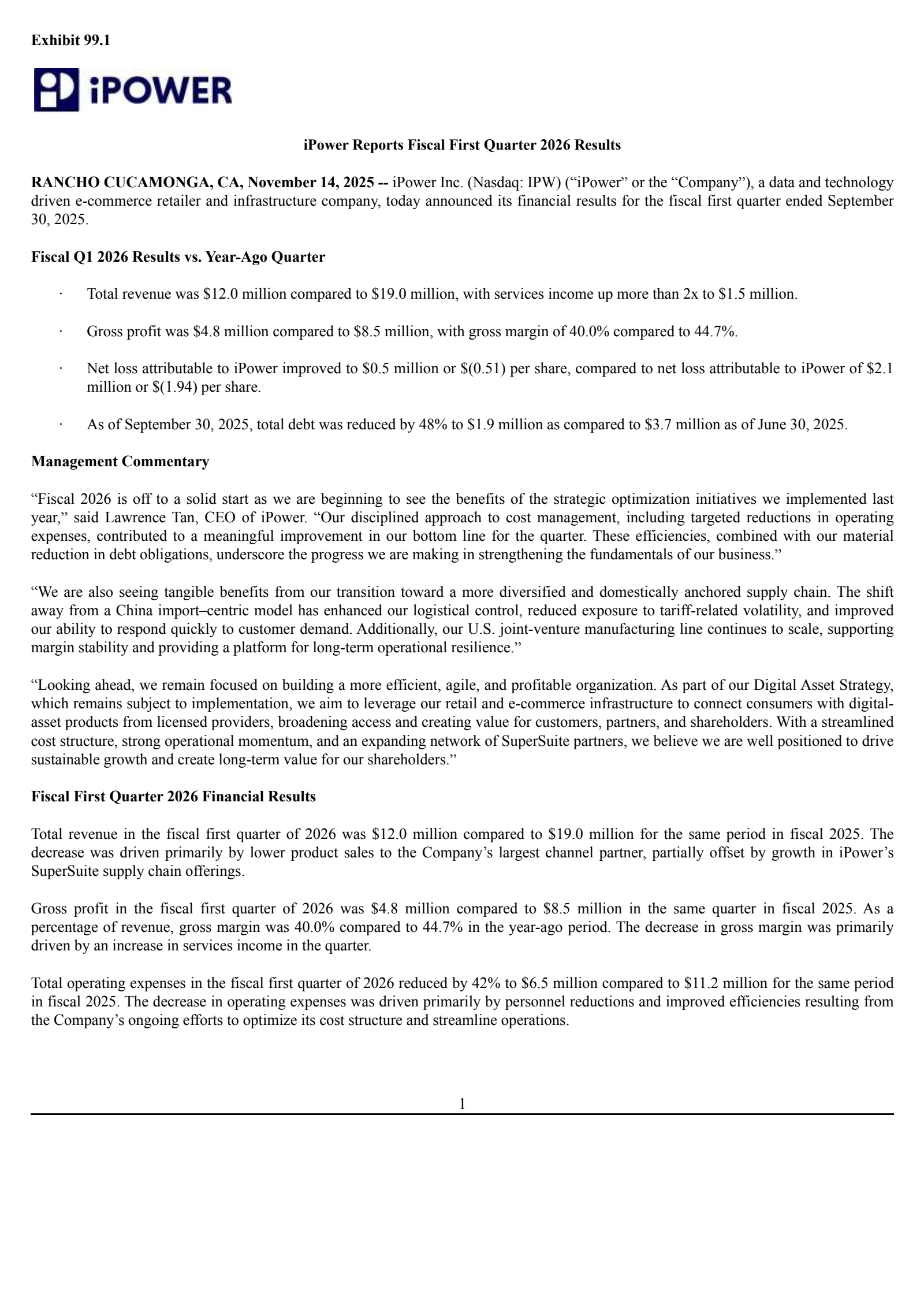iPower's Q1 2026 Earnings Release