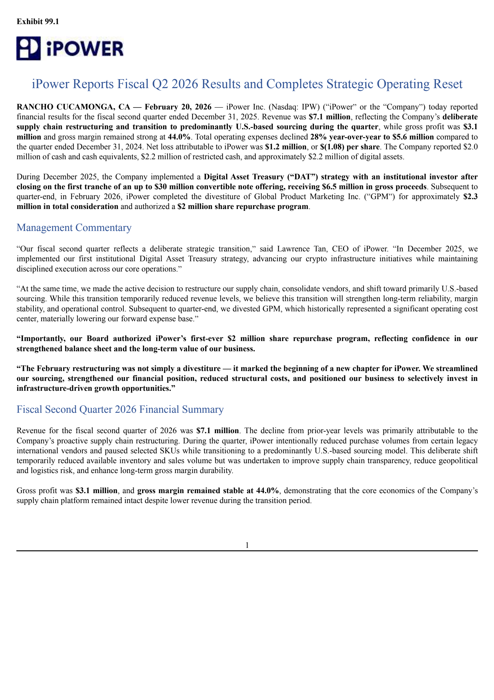 iPower's Q2 2026 Press Release