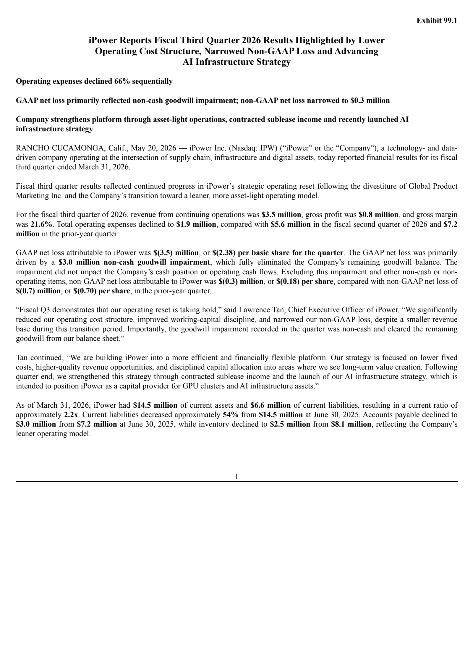 iPower's Q3 2026 Press Release