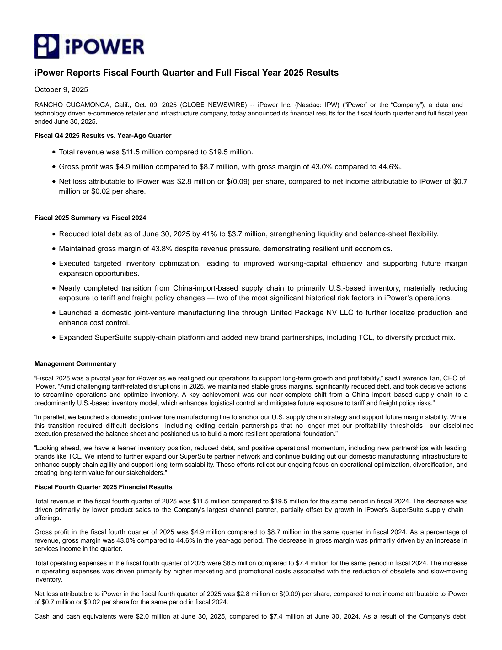 iPower's Q4 2025 Earnings Release
