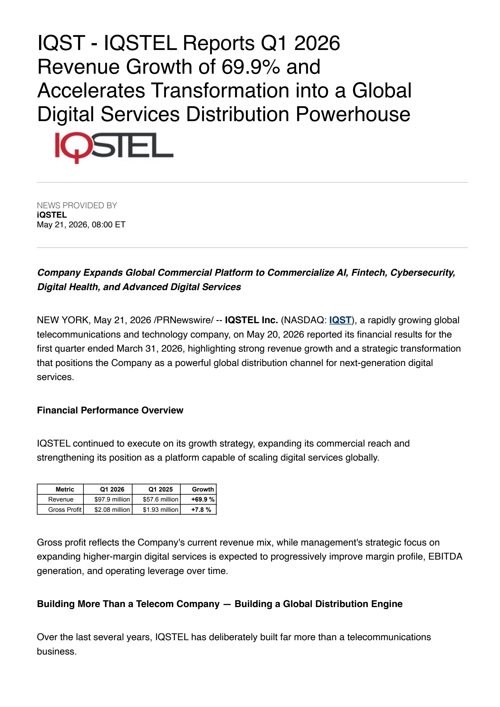 iQSTEL's Q1 2026 Press Release