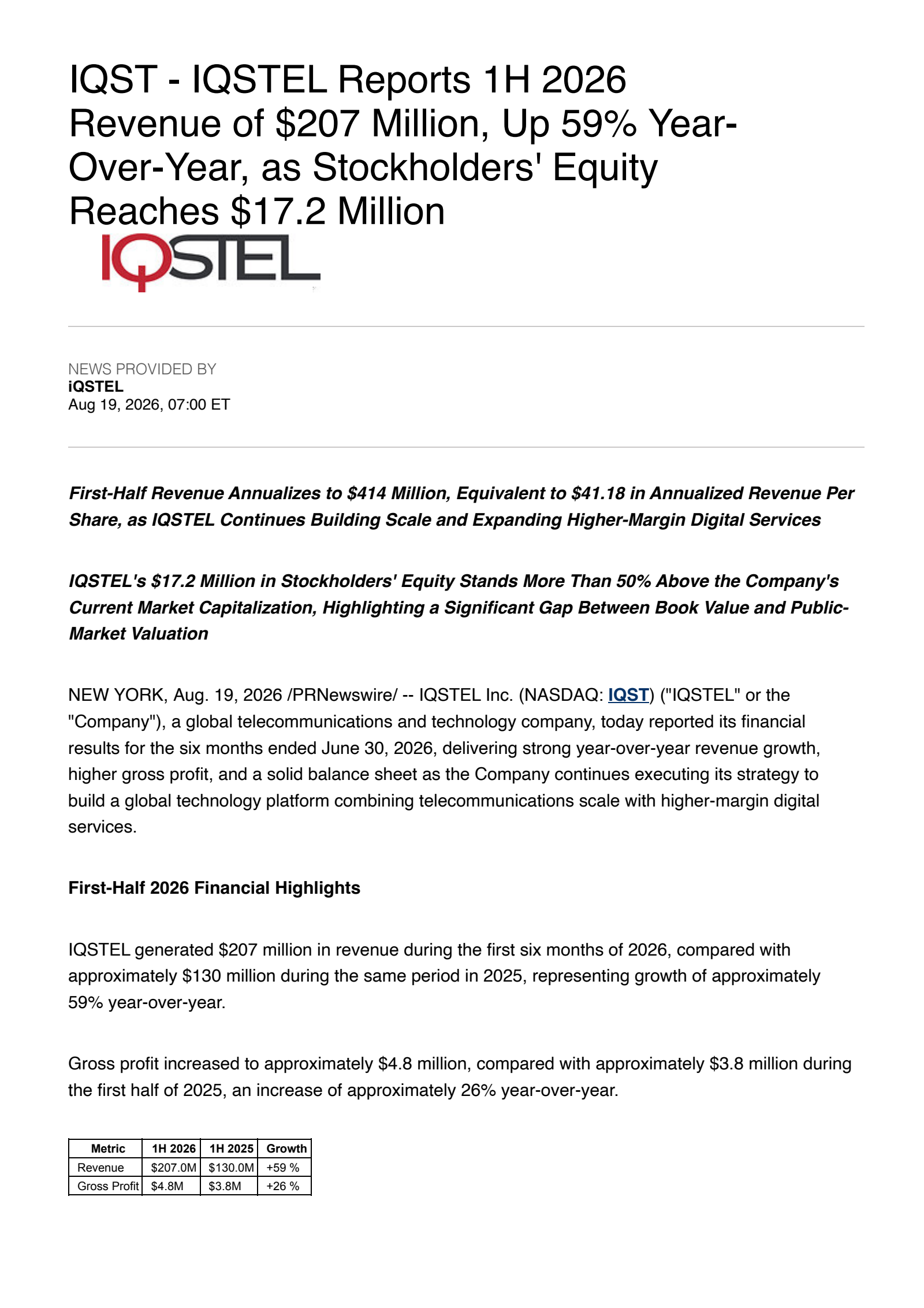 iQSTEL's Q2 2026 Press Release
