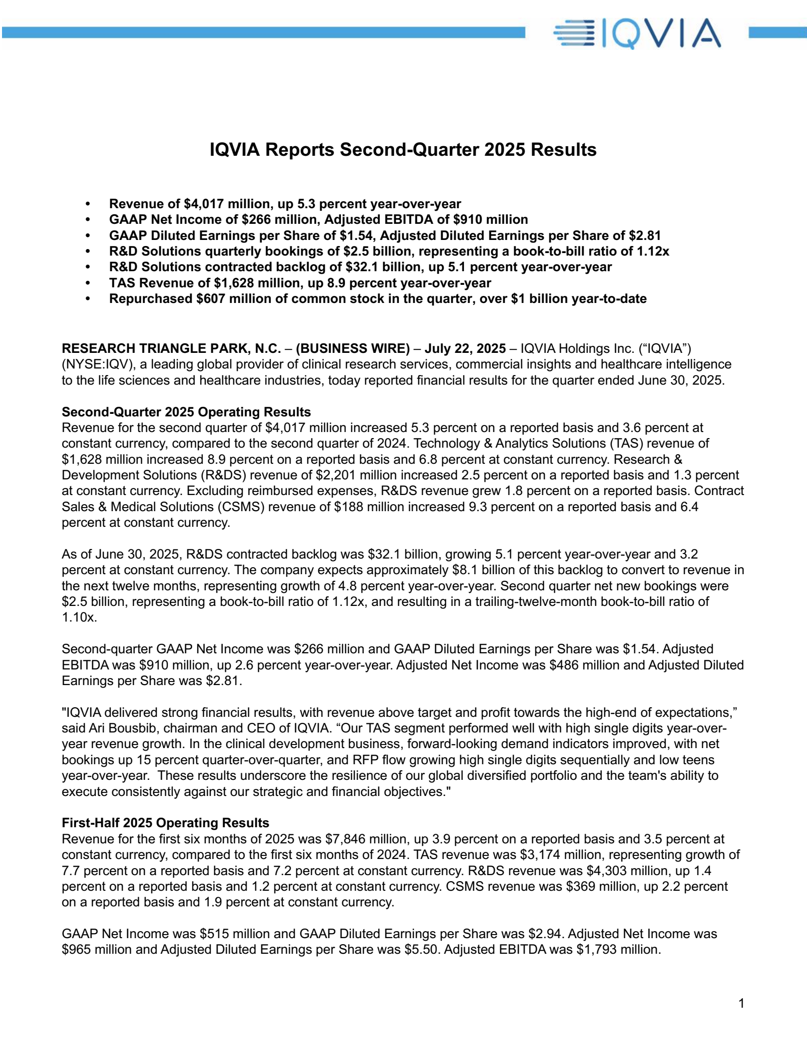 IQVIA's Q2 2025 Press Release
