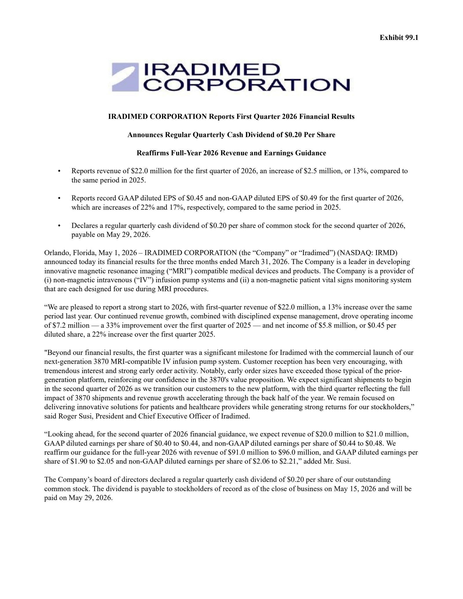 iRadimed's Q1 2026 Press Release