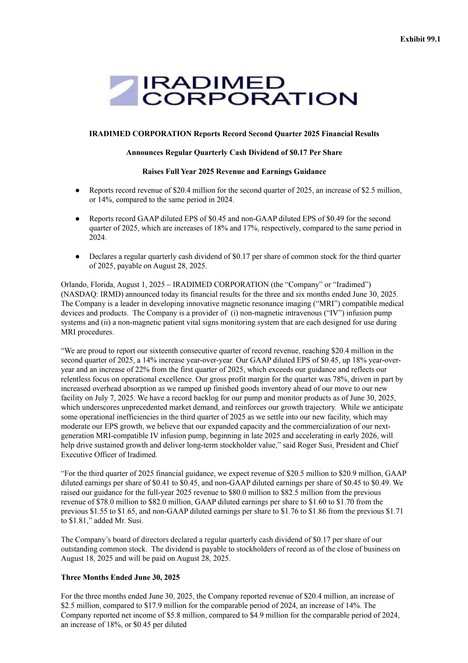 iRadimed's Q2 2025 Press Release