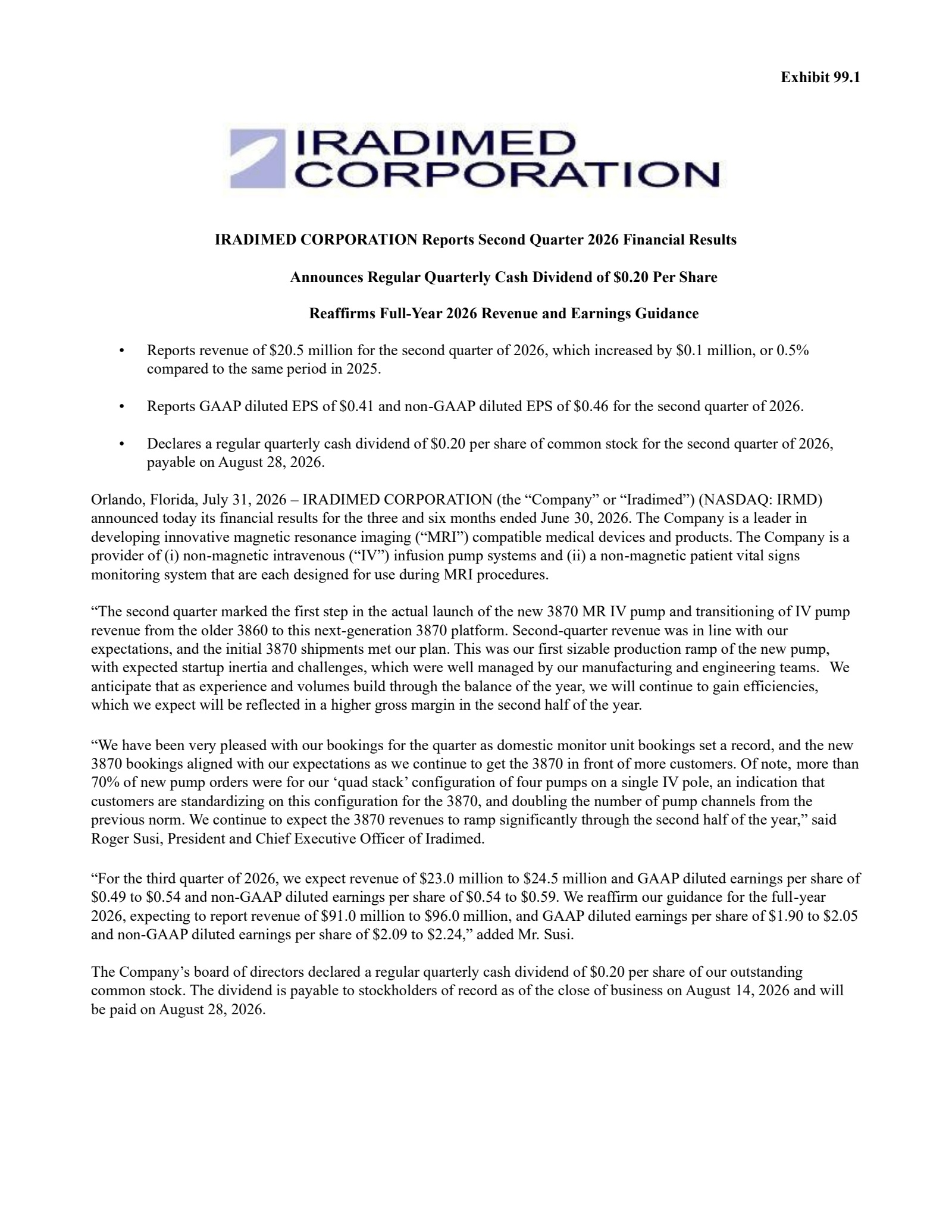 iRadimed's Q2 2026 Press Release