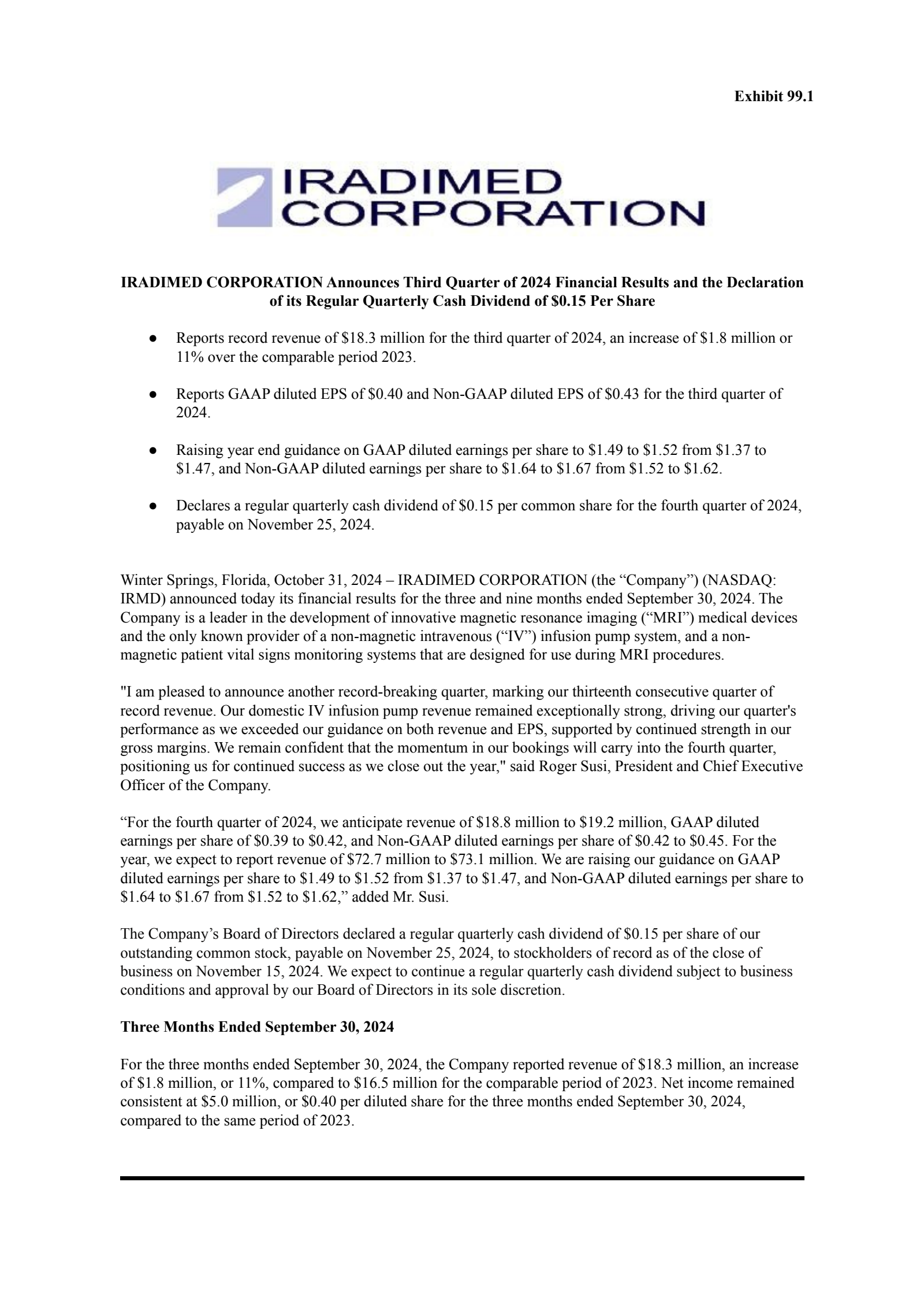 iRadimed's Q3 2024 Press Release