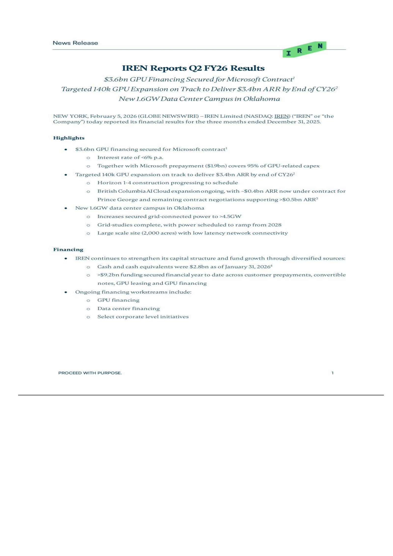 IREN's Q2 2026 Press Release