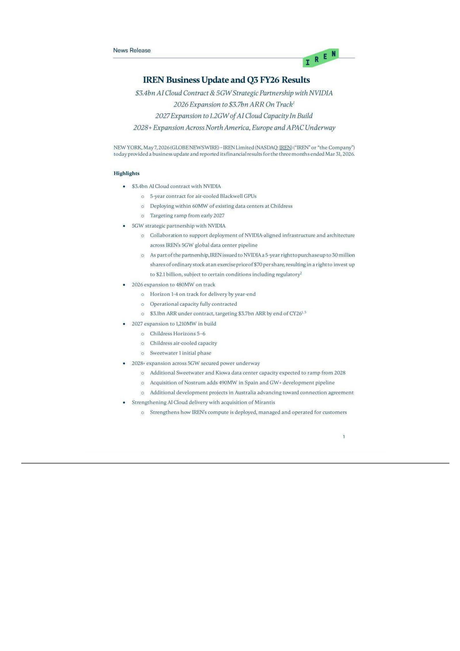 IREN's Q3 2026 Press Release