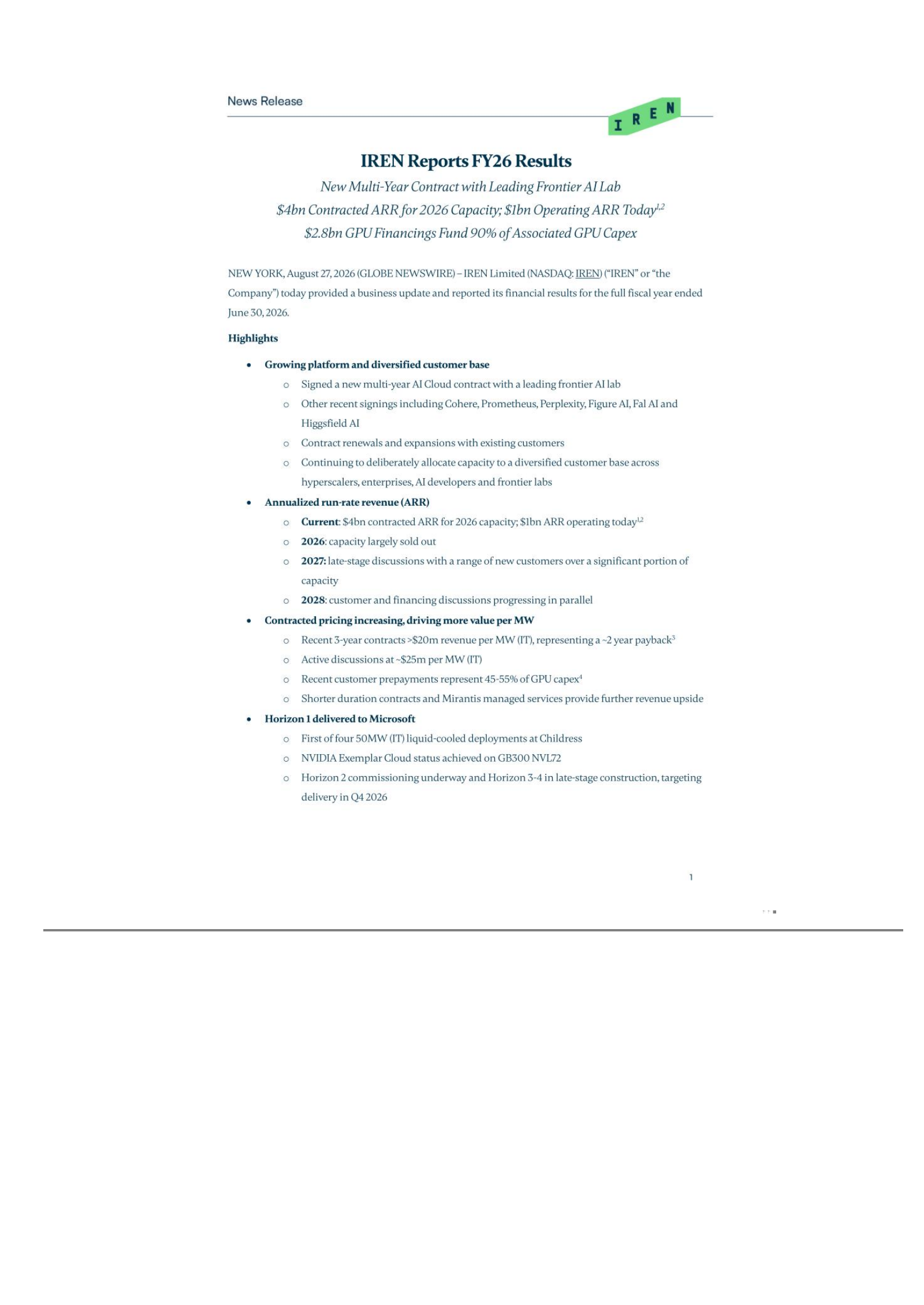 IREN's Q4 2026 Press Release