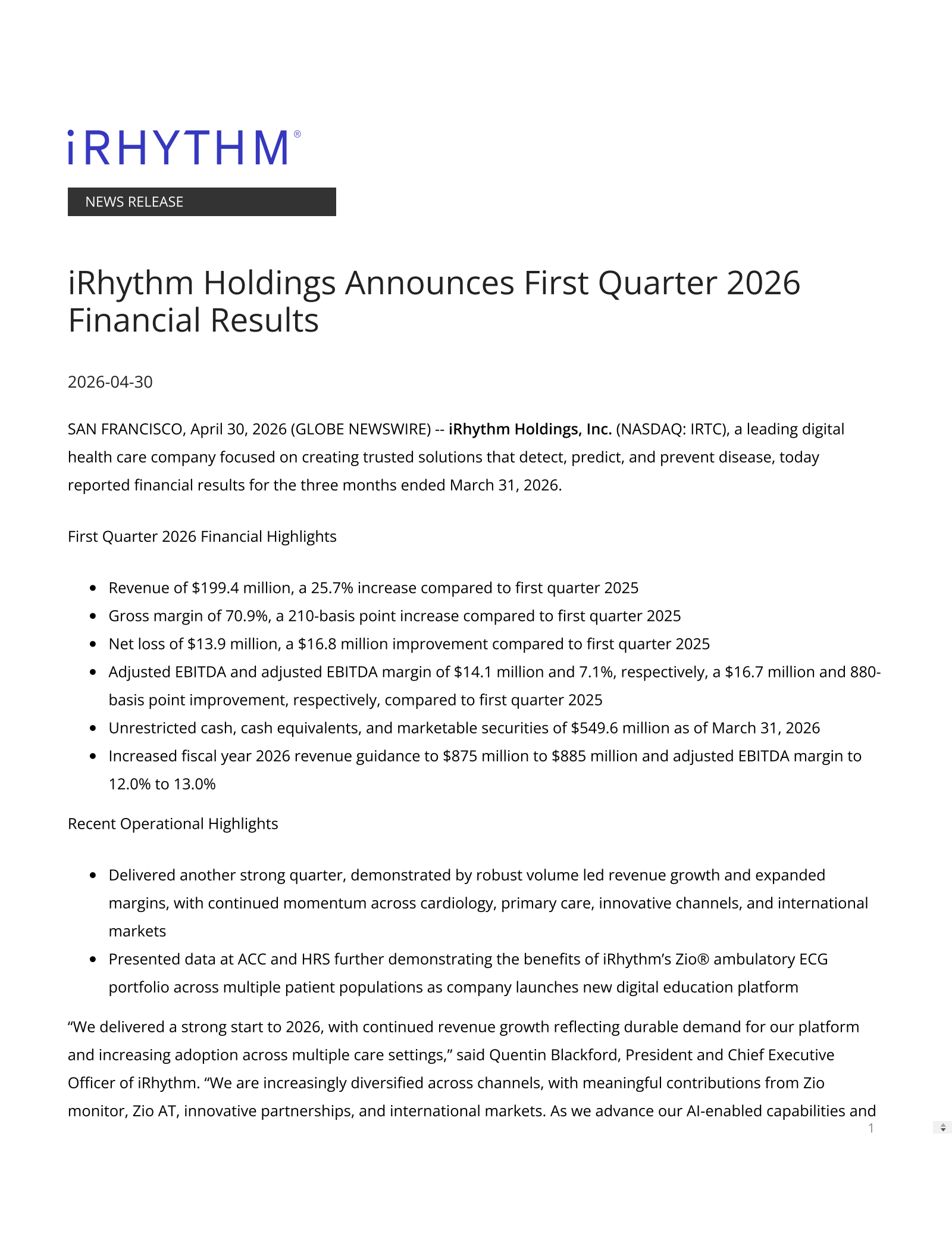 iRhythm Technologies' Q1 2026 Press Release