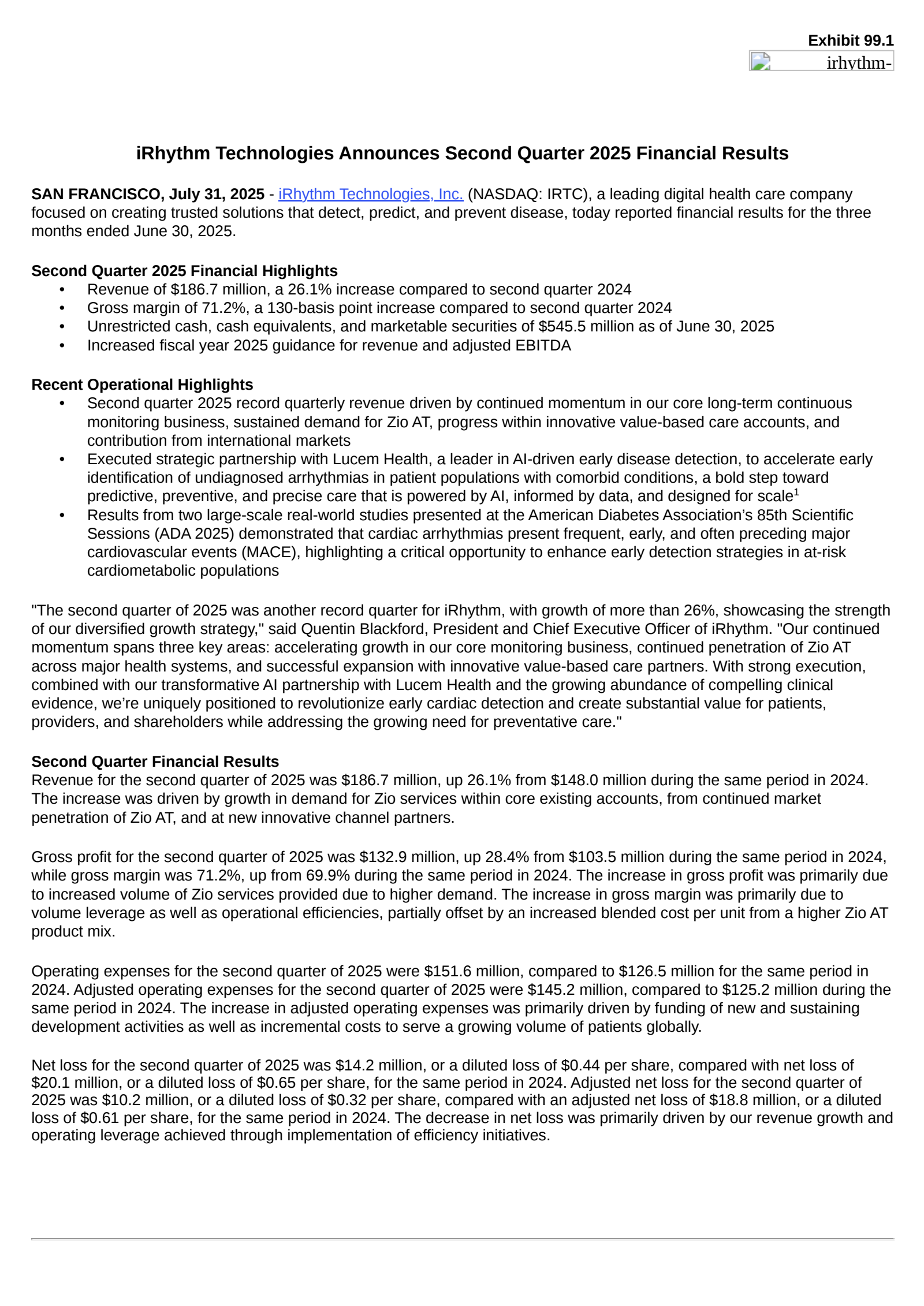 iRhythm Technologies' Q2 2025 Press Release
