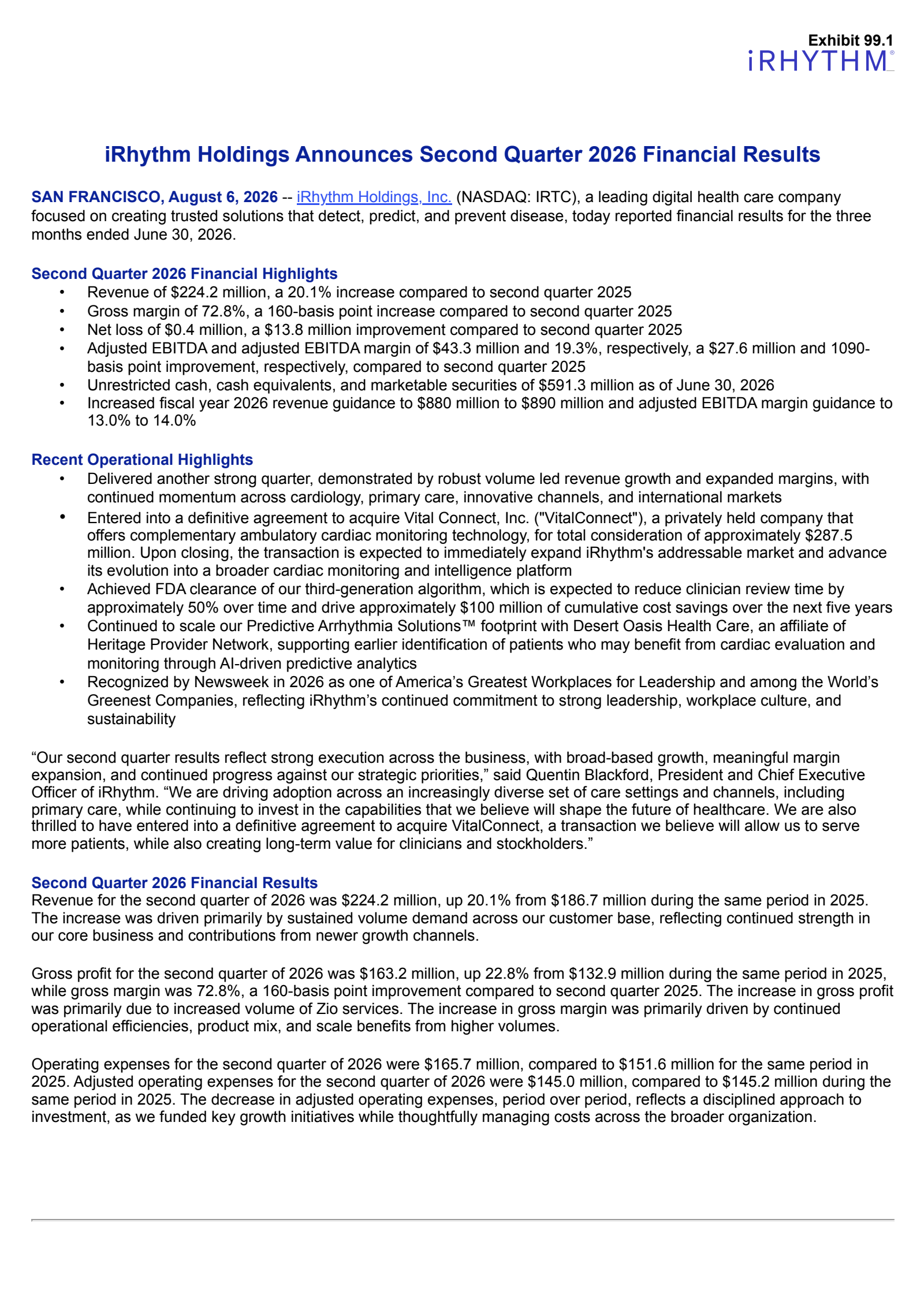 iRhythm Technologies' Q2 2026 Press Release