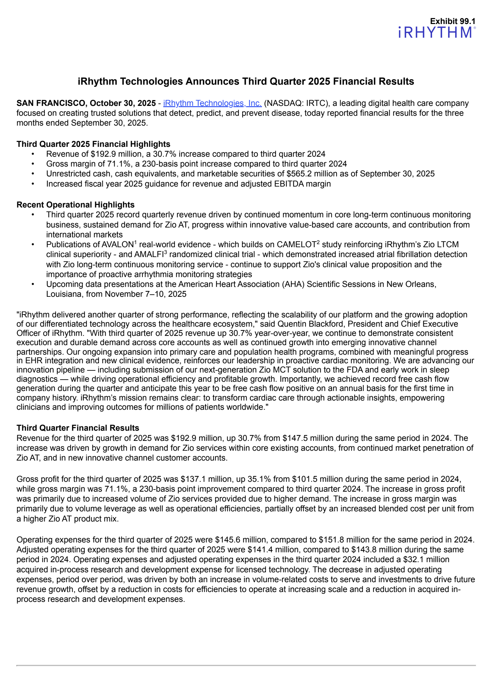 iRhythm Technologies' Q3 2025 Earnings Release