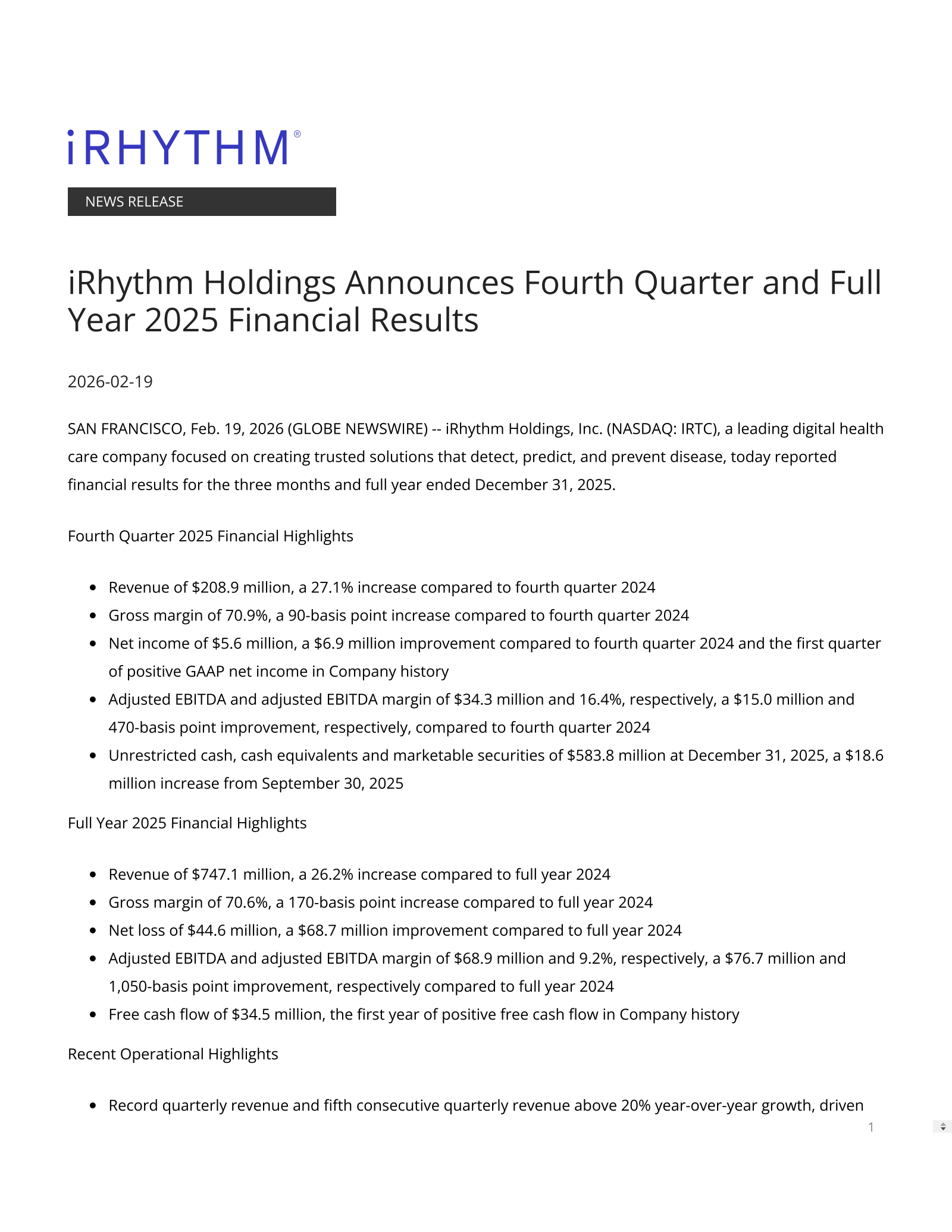 iRhythm Technologies' Q4 2025 Press Release