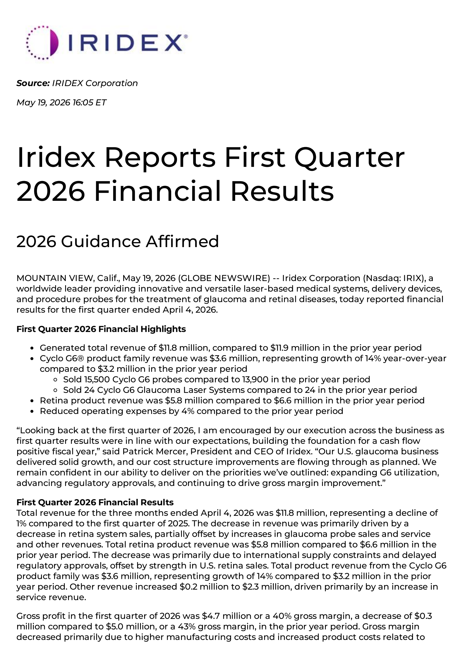 IRIDEX's Q1 2026 Press Release