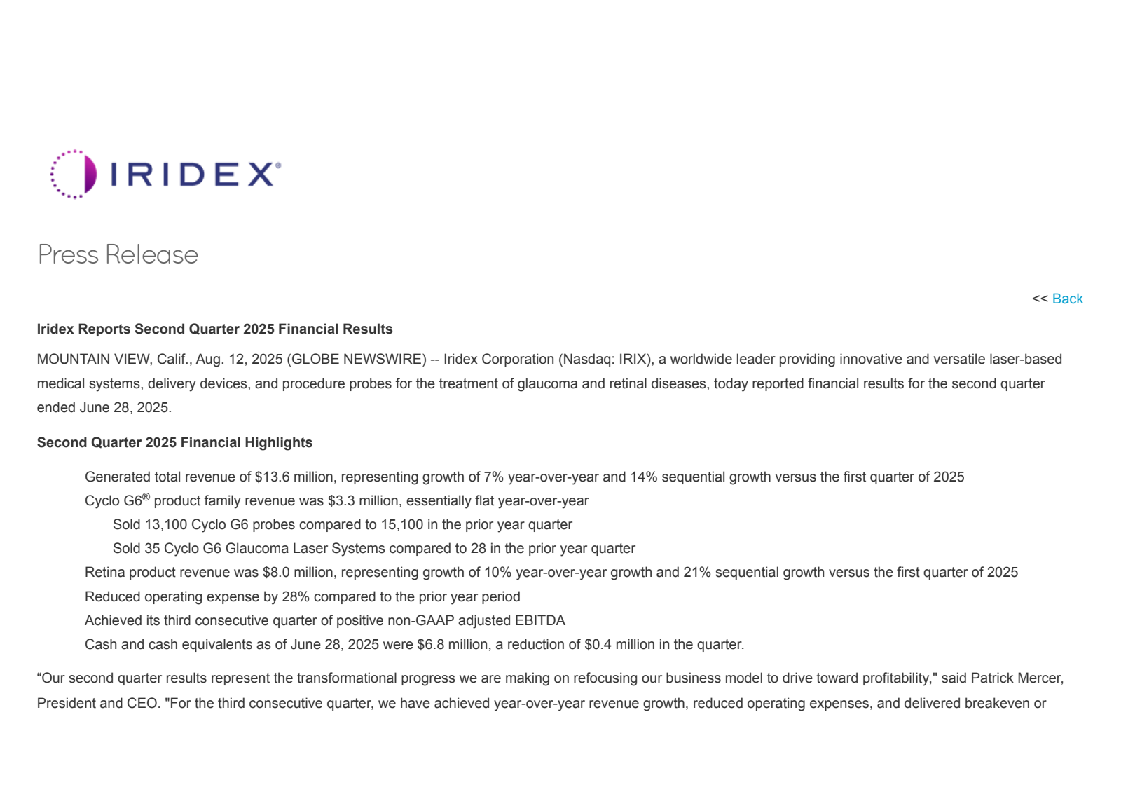 IRIDEX's Q2 2025 Press Release