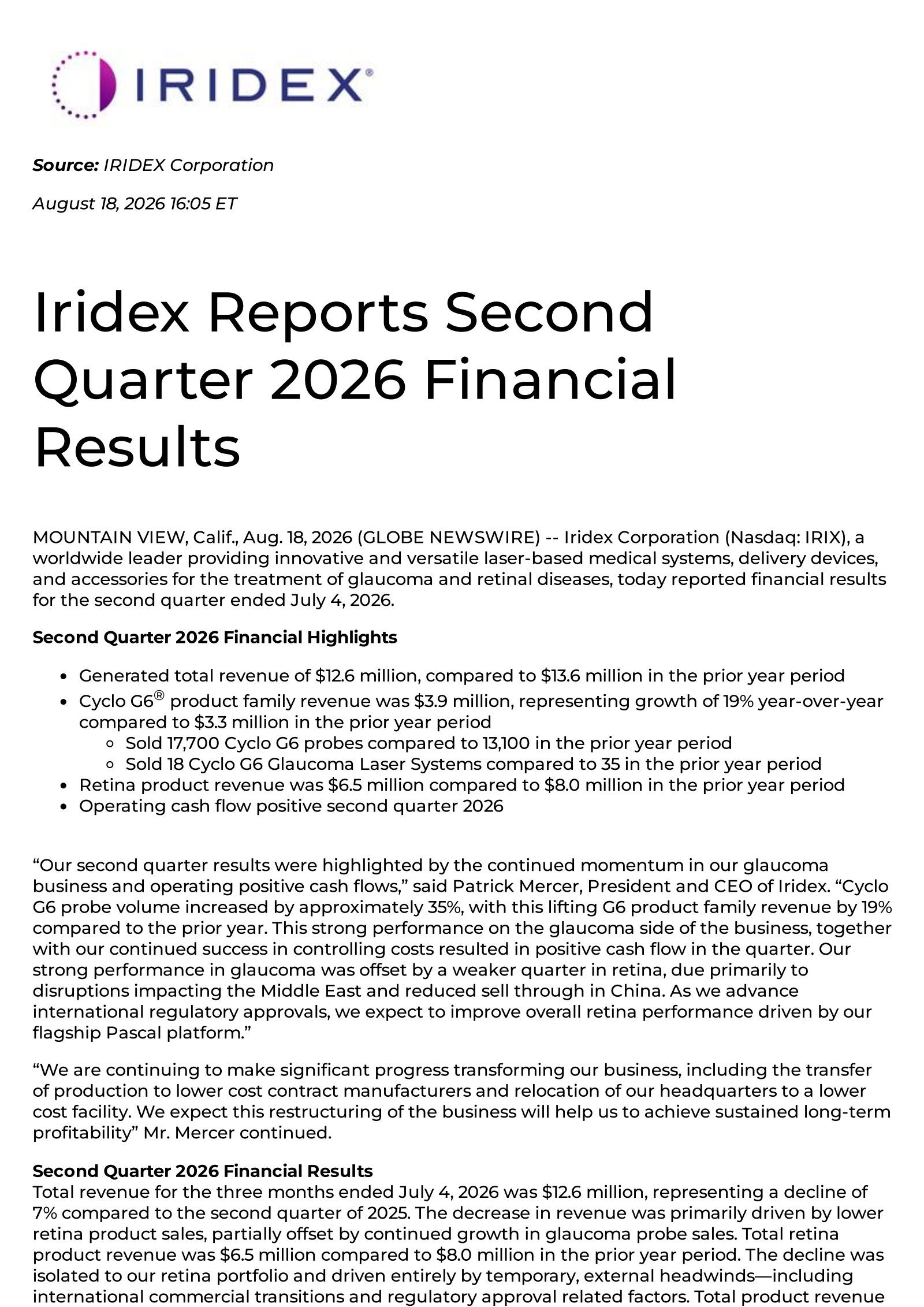 IRIDEX's Q2 2026 Press Release