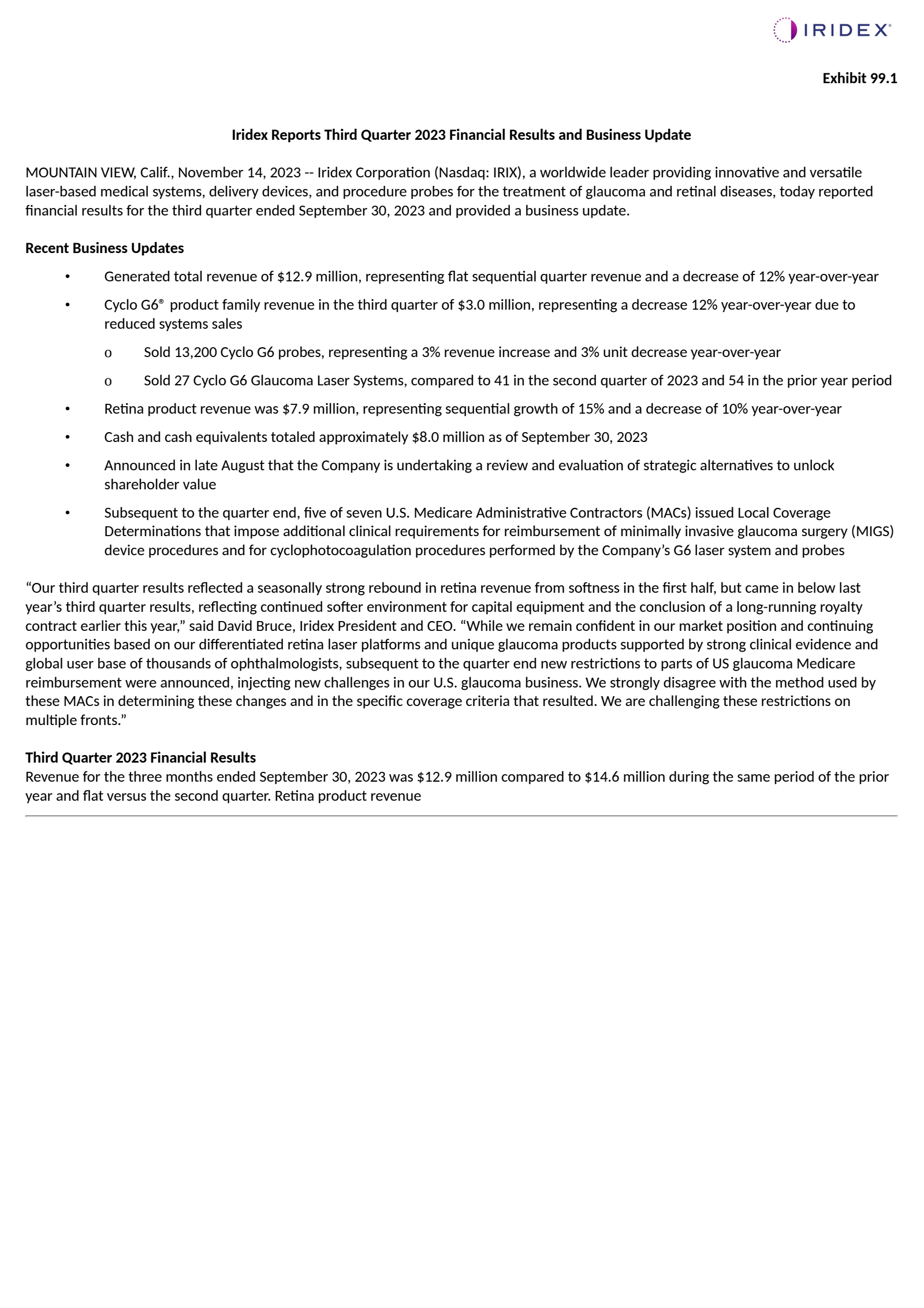 IRIDEX's Q3 2023 Press Release