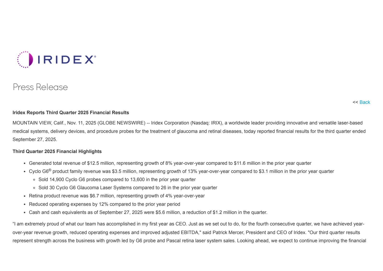 IRIDEX's Q3 2025 Earnings Release
