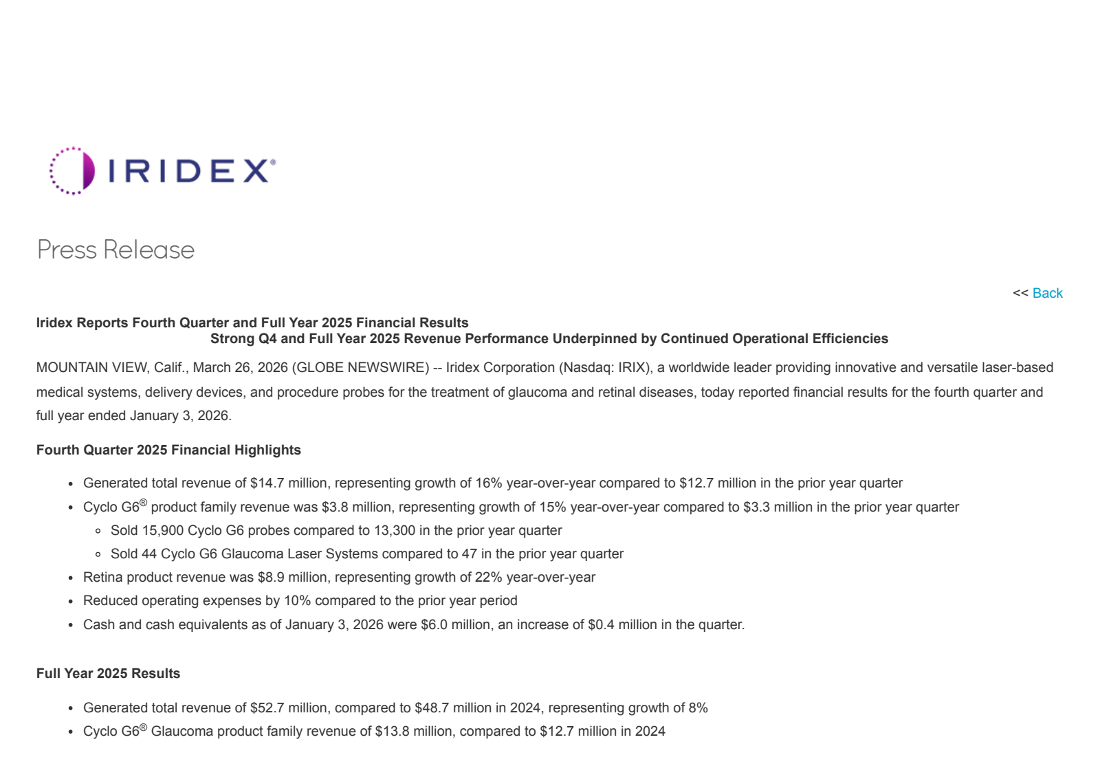 IRIDEX's Q4 2025 Press Release