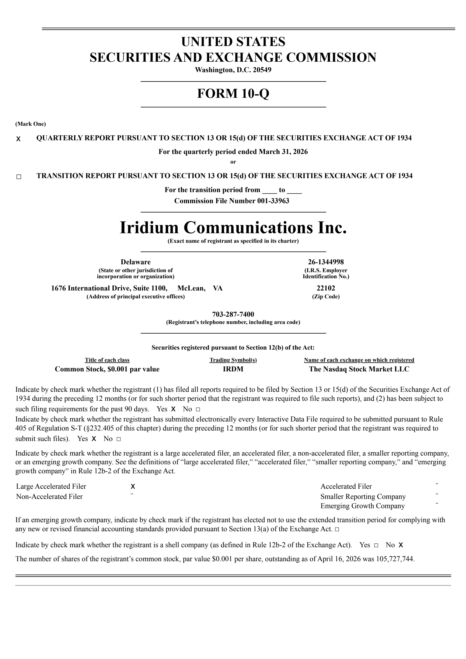 Iridium Communications' Q1 2026 Quarterly report