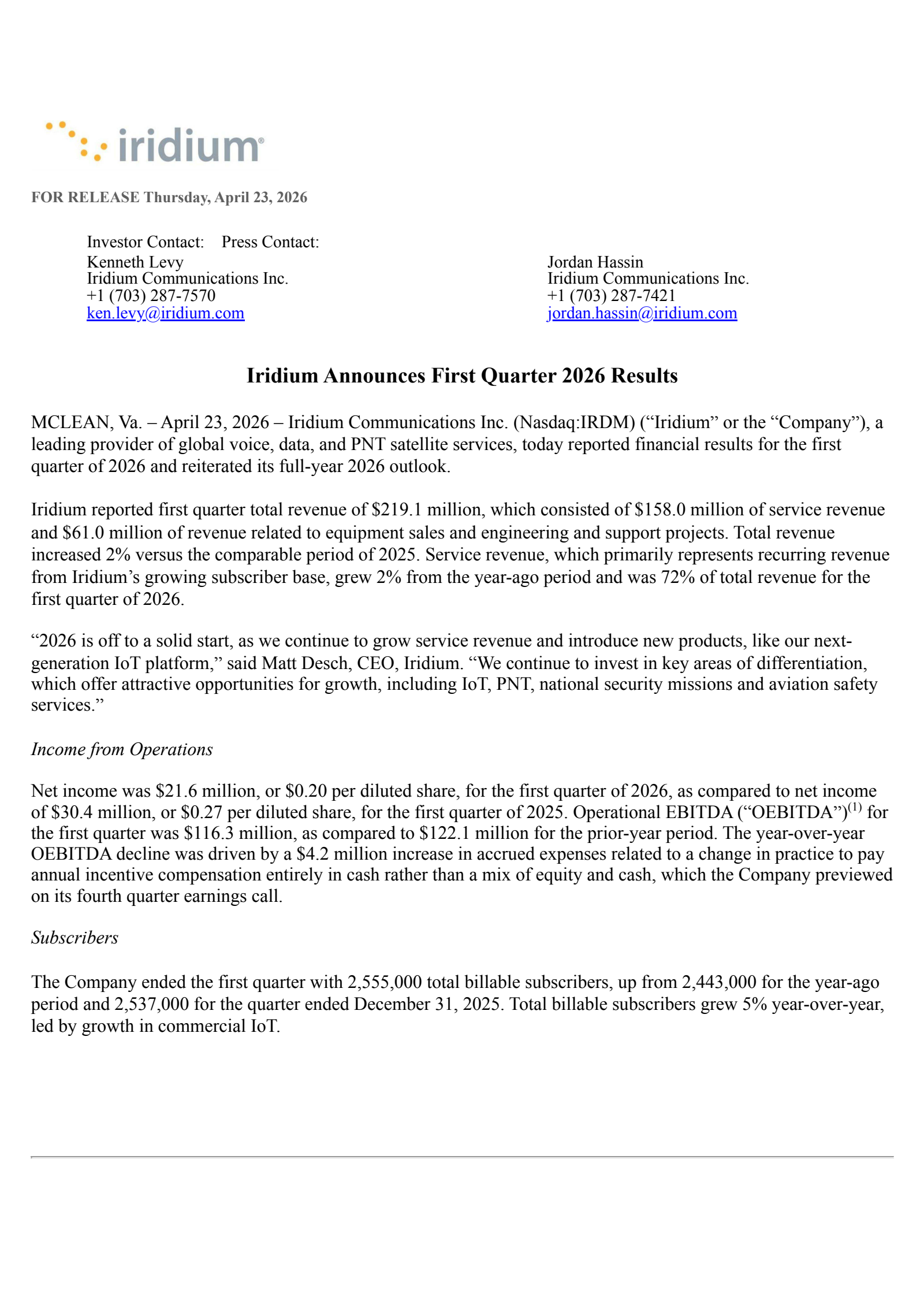 Iridium Communications' Q1 2026 Press Release
