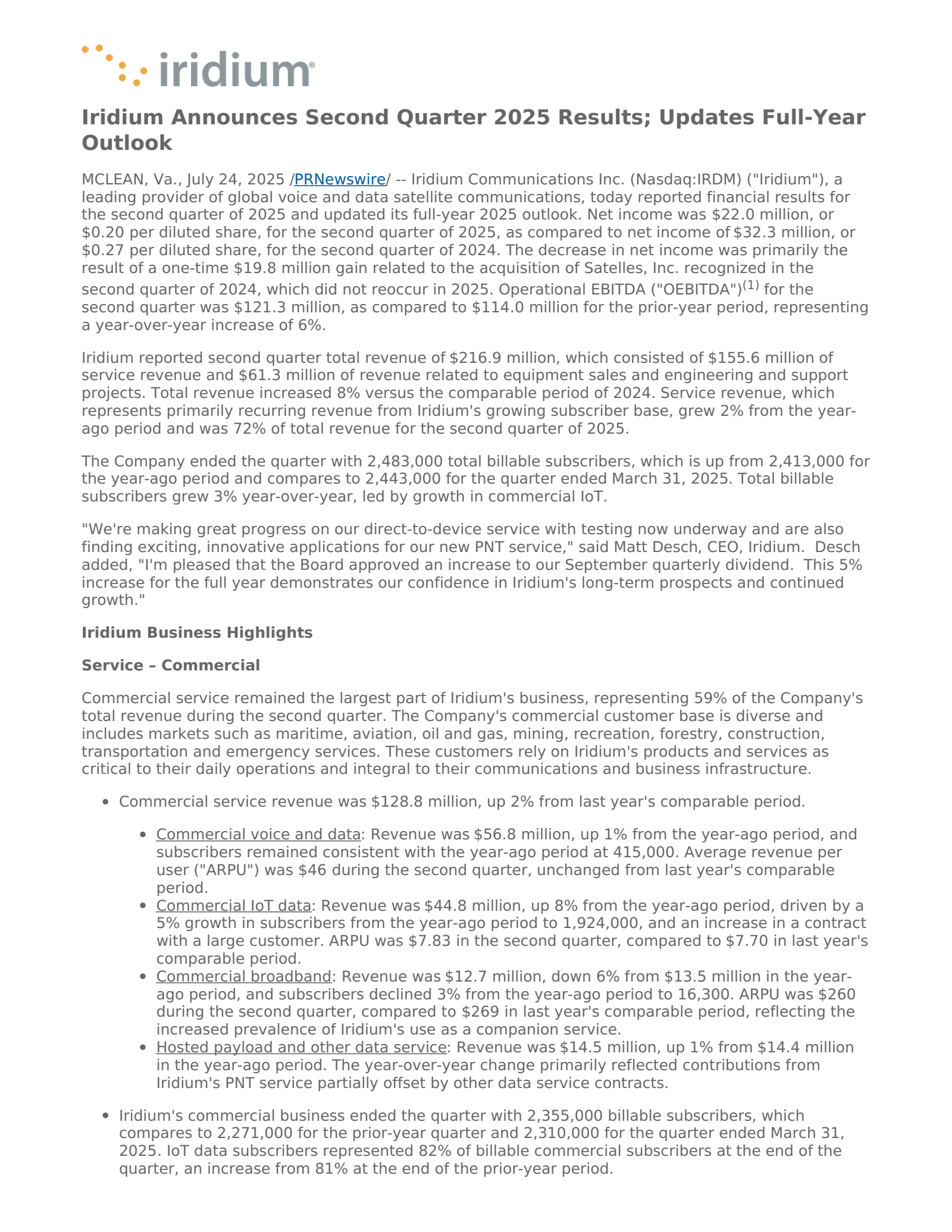 Iridium Communications' Q2 2025 Press Release