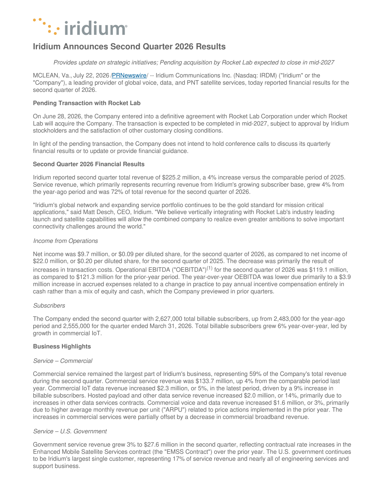 Iridium Communications' Q2 2026 Press Release