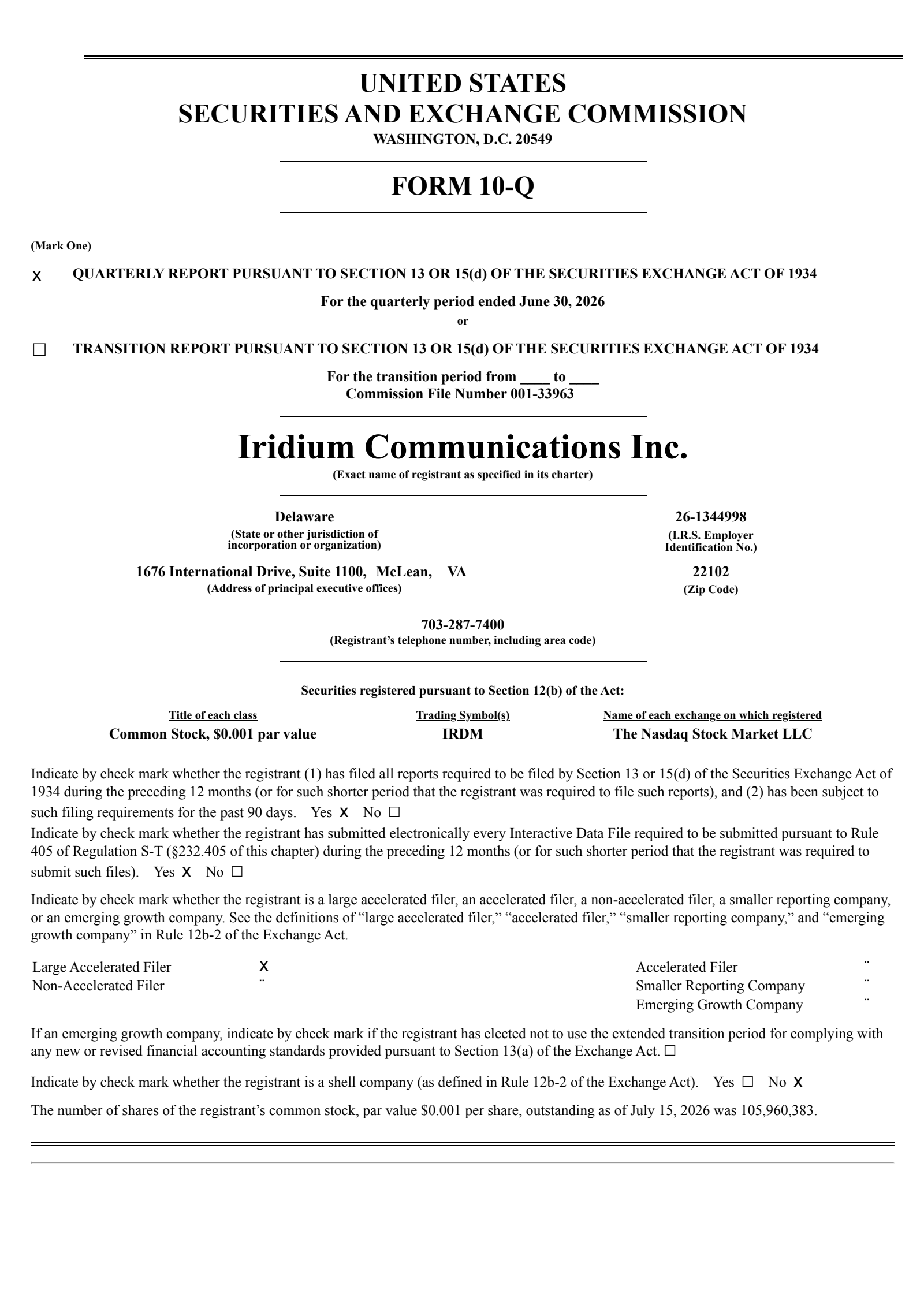 Iridium Communications' Q2 2026 Quarterly report