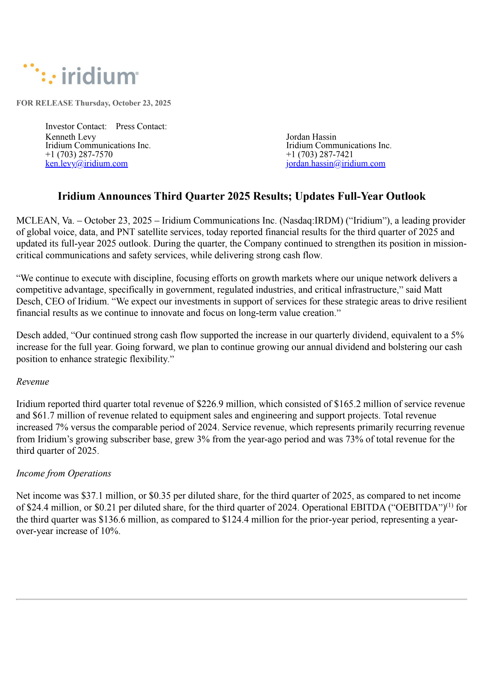 Iridium Communications' Q3 2025 Earnings Release
