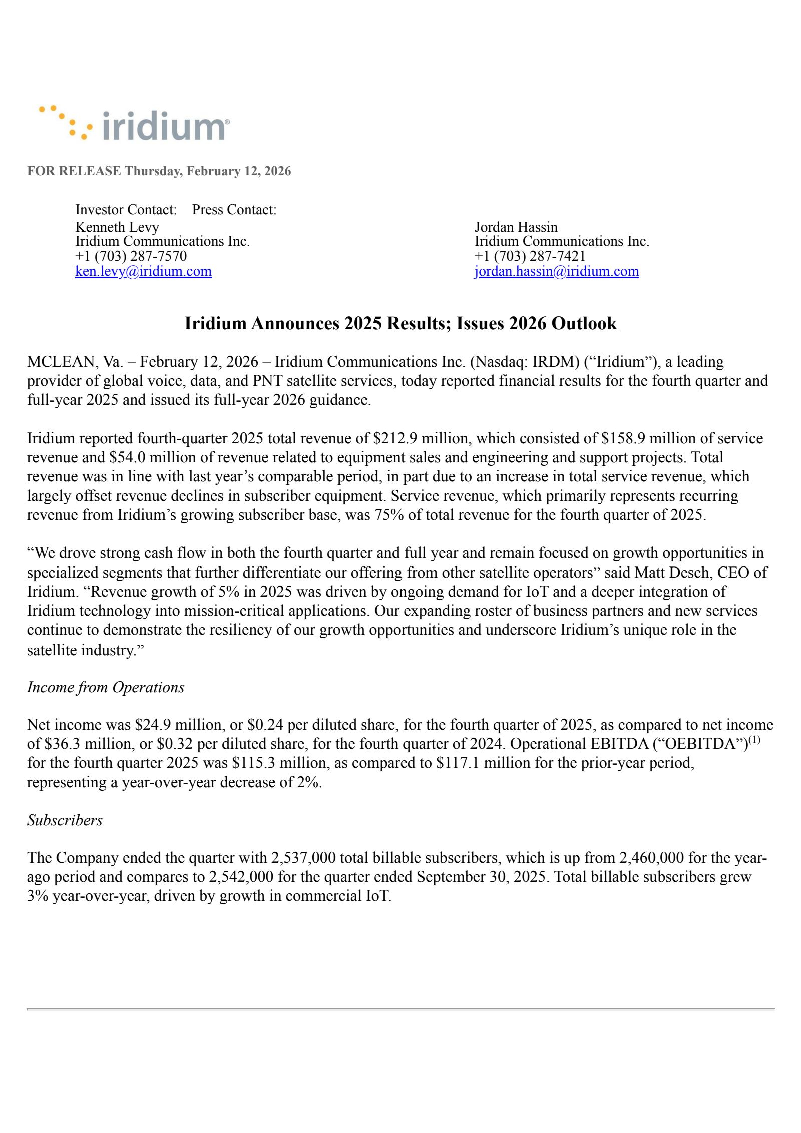 Iridium Communications' Q4 2025 Press Release