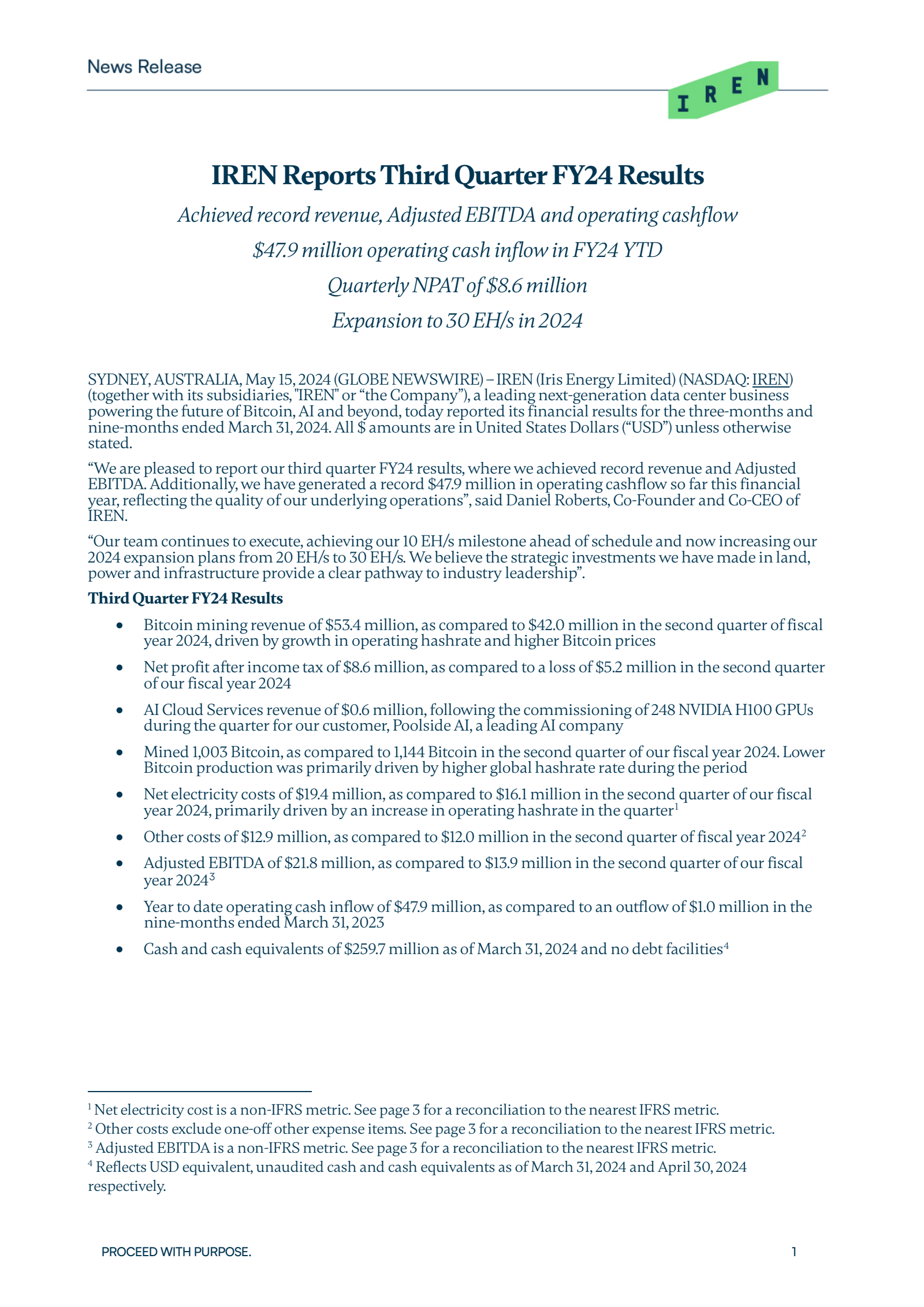 Iris Energy's Q3 2024 Press Release