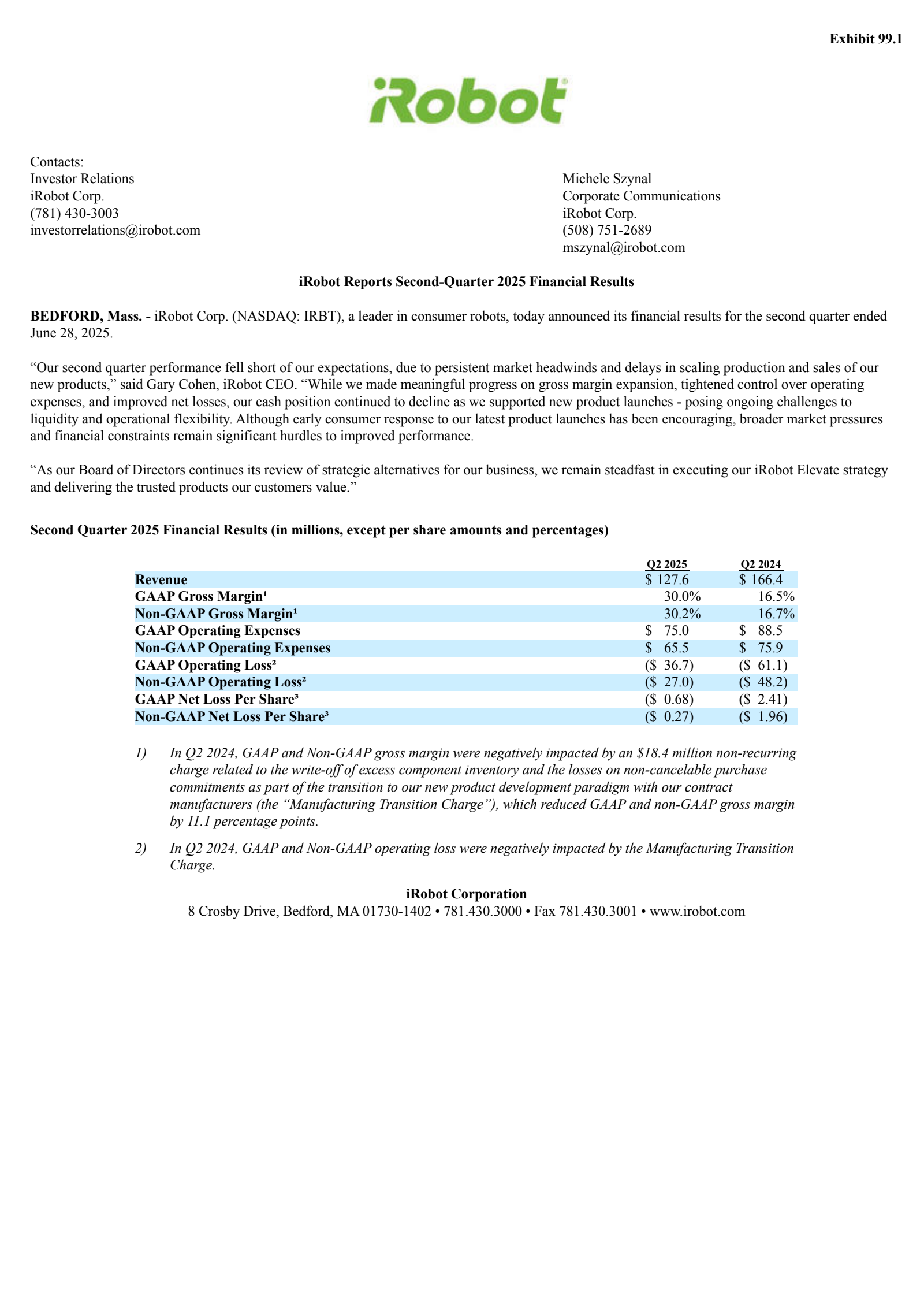 iRobot's Q2 2025 Press Release