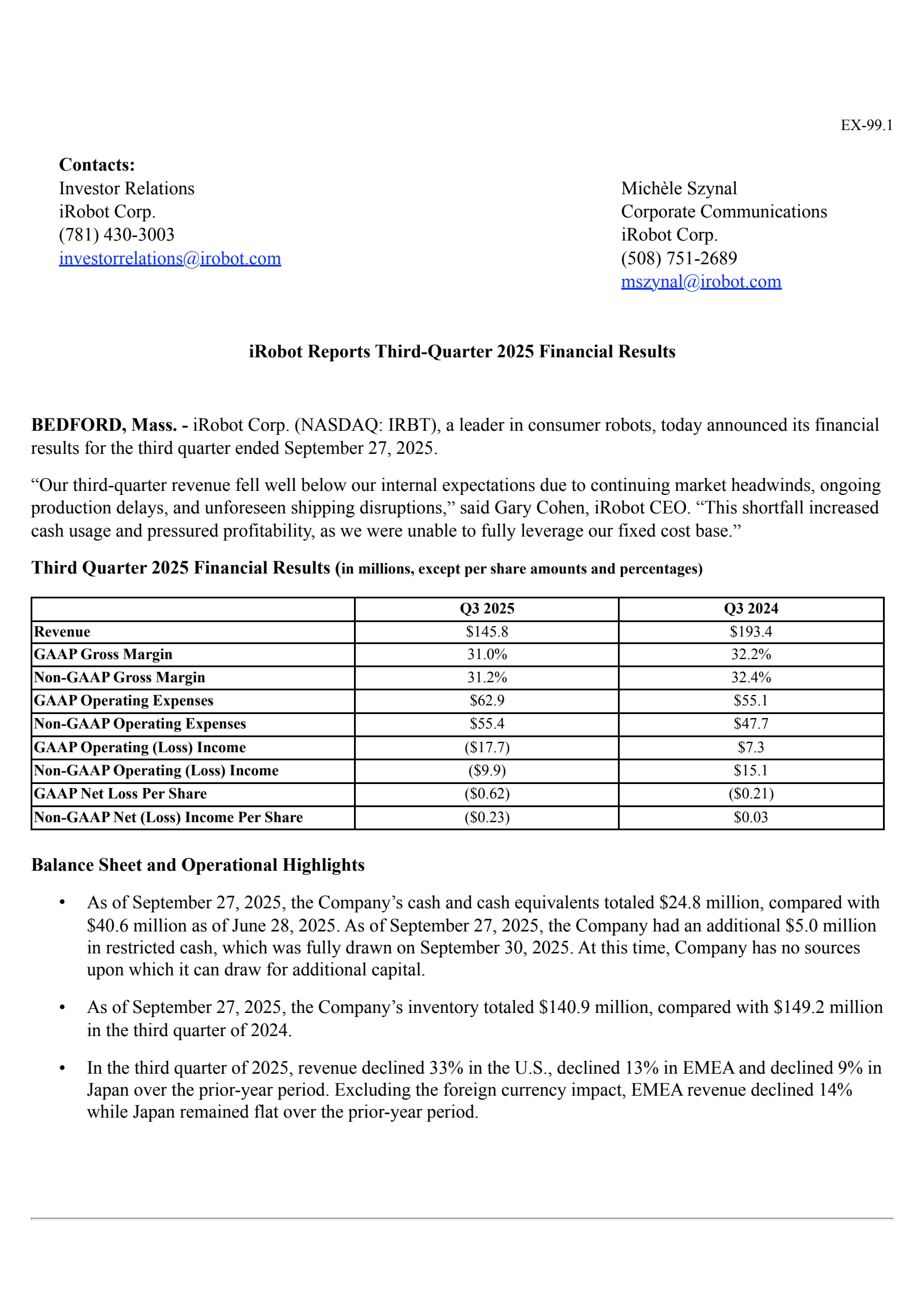 iRobot's Q3 2025 Earnings Release