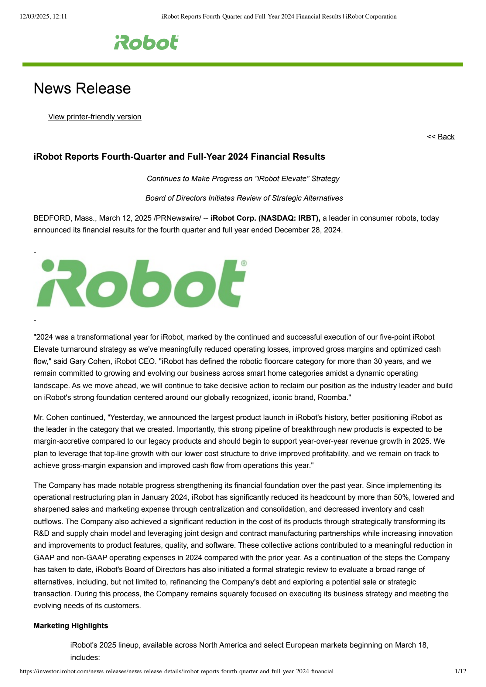 iRobot's Q4 2024 Press Release