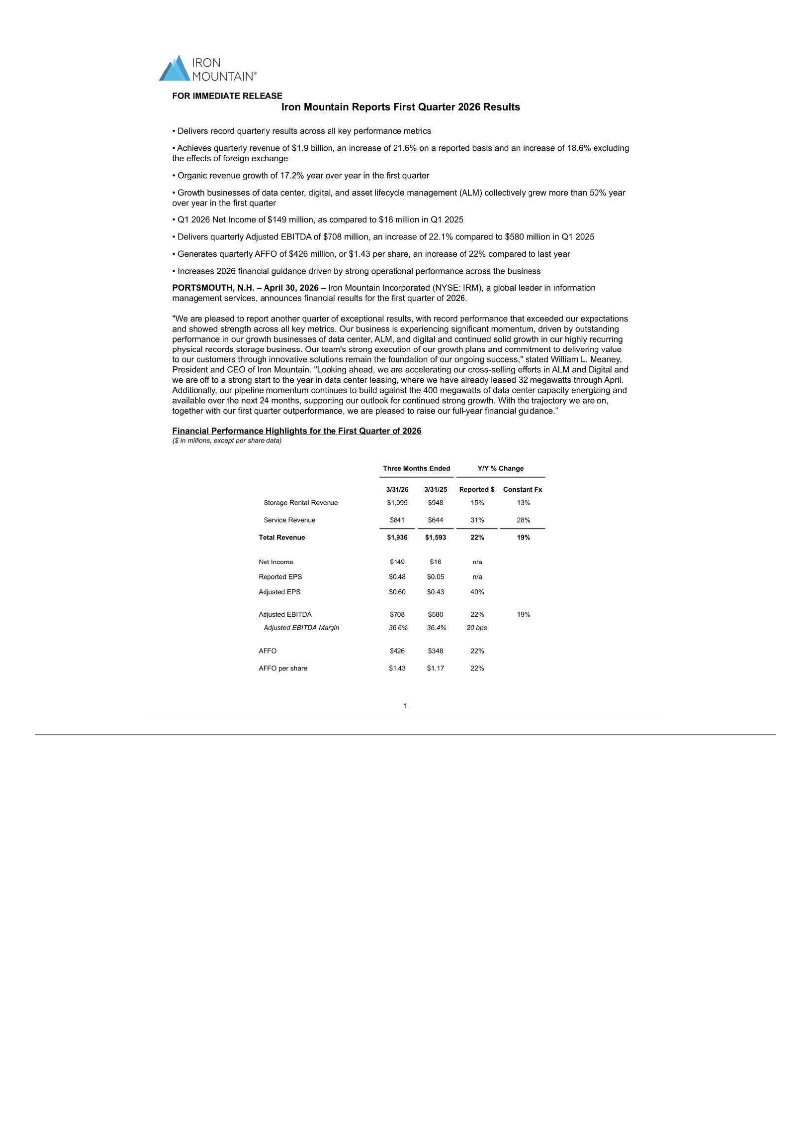 Iron Mountain's Q1 2026 Press Release