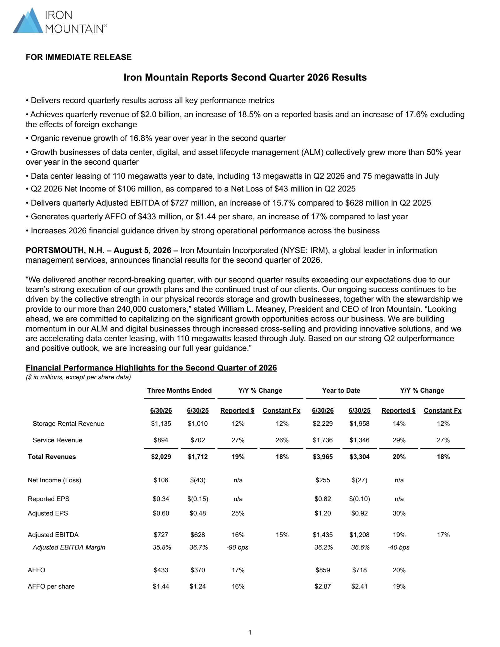 Iron Mountain's Q2 2026 Press Release