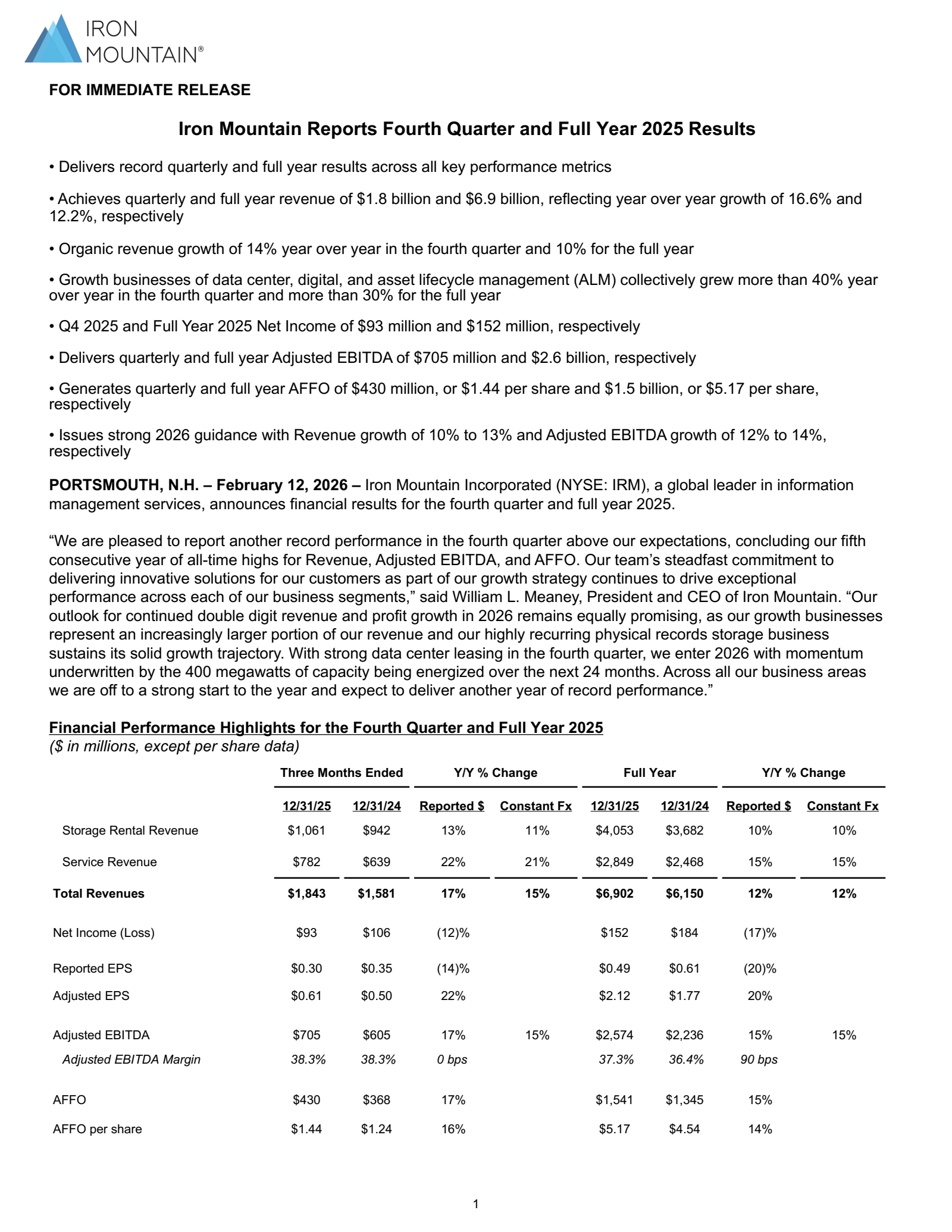 Iron Mountain's Q4 2025 Press Release