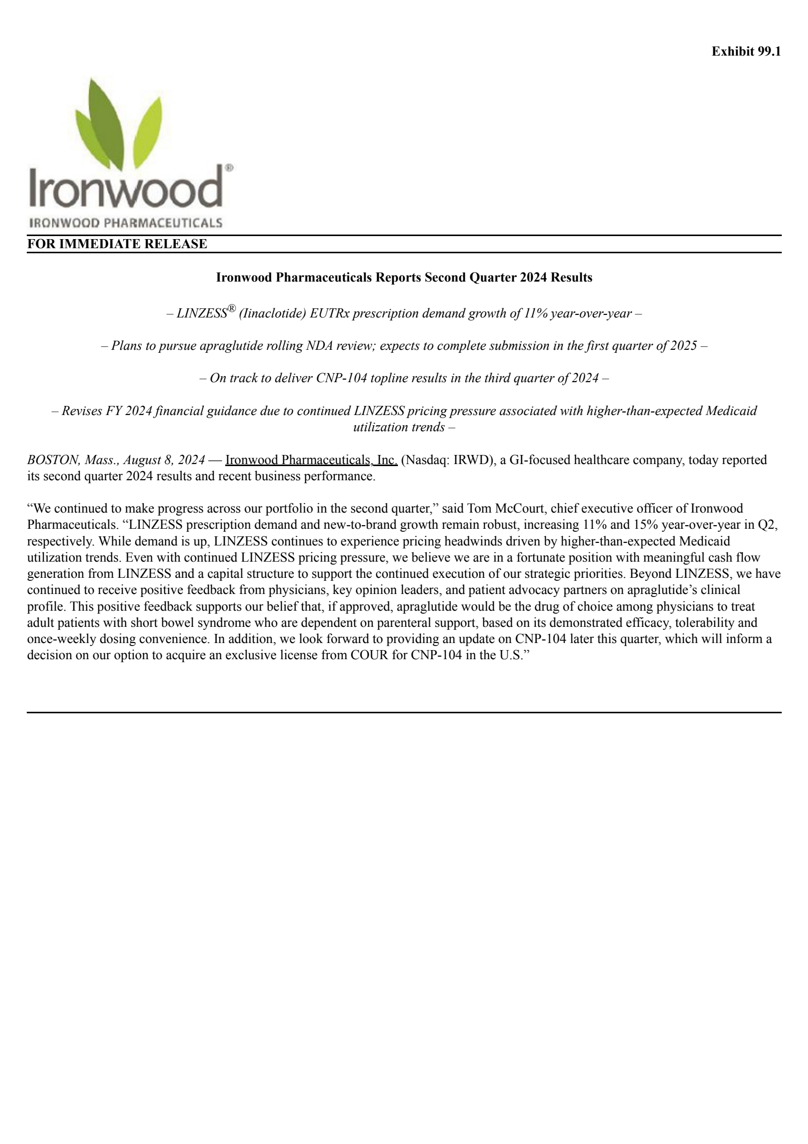 Ironwood Pharmaceuticals' Q2 2024 Press Release