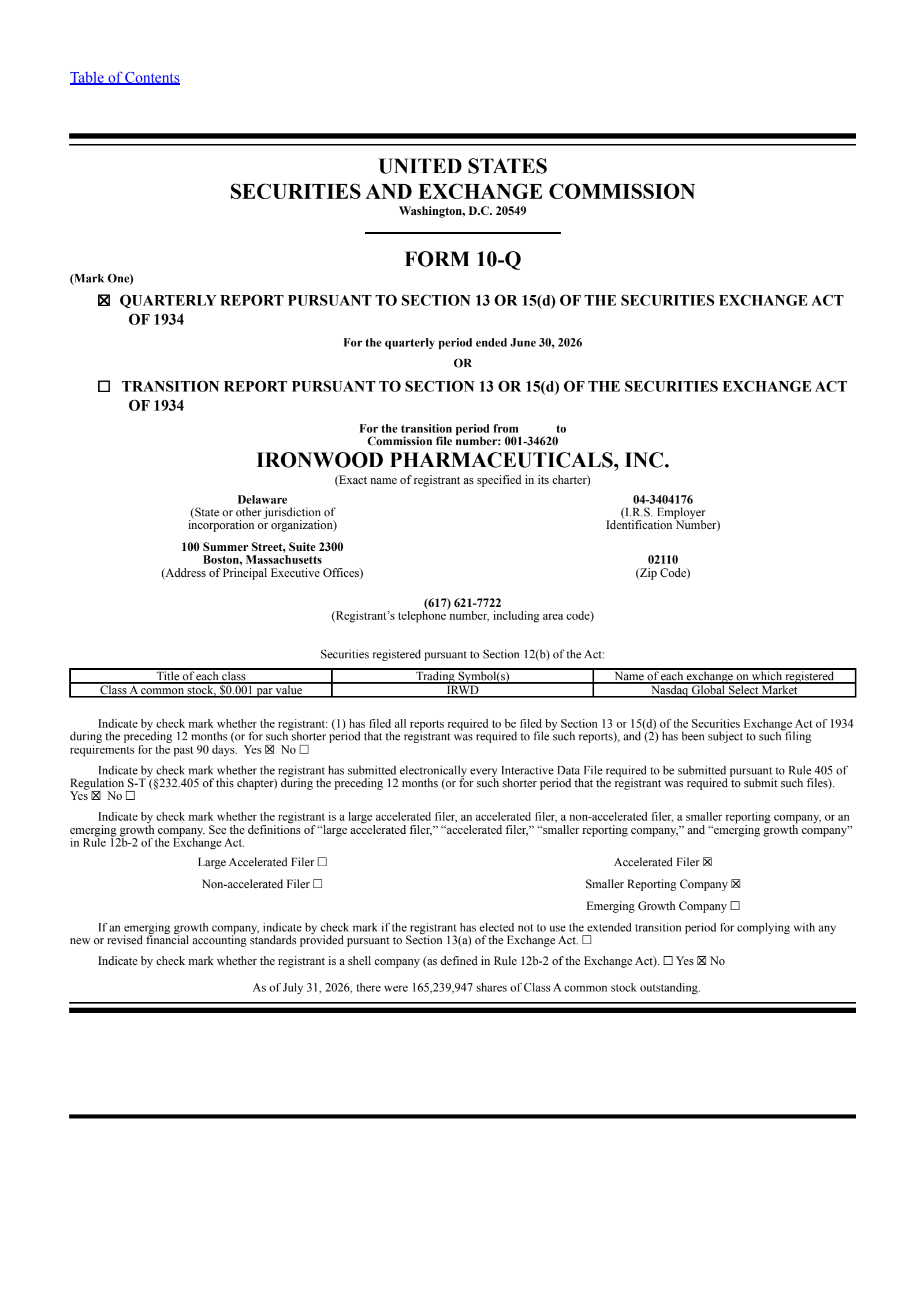 Ironwood Pharmaceuticals' Q2 2026 Quarterly report