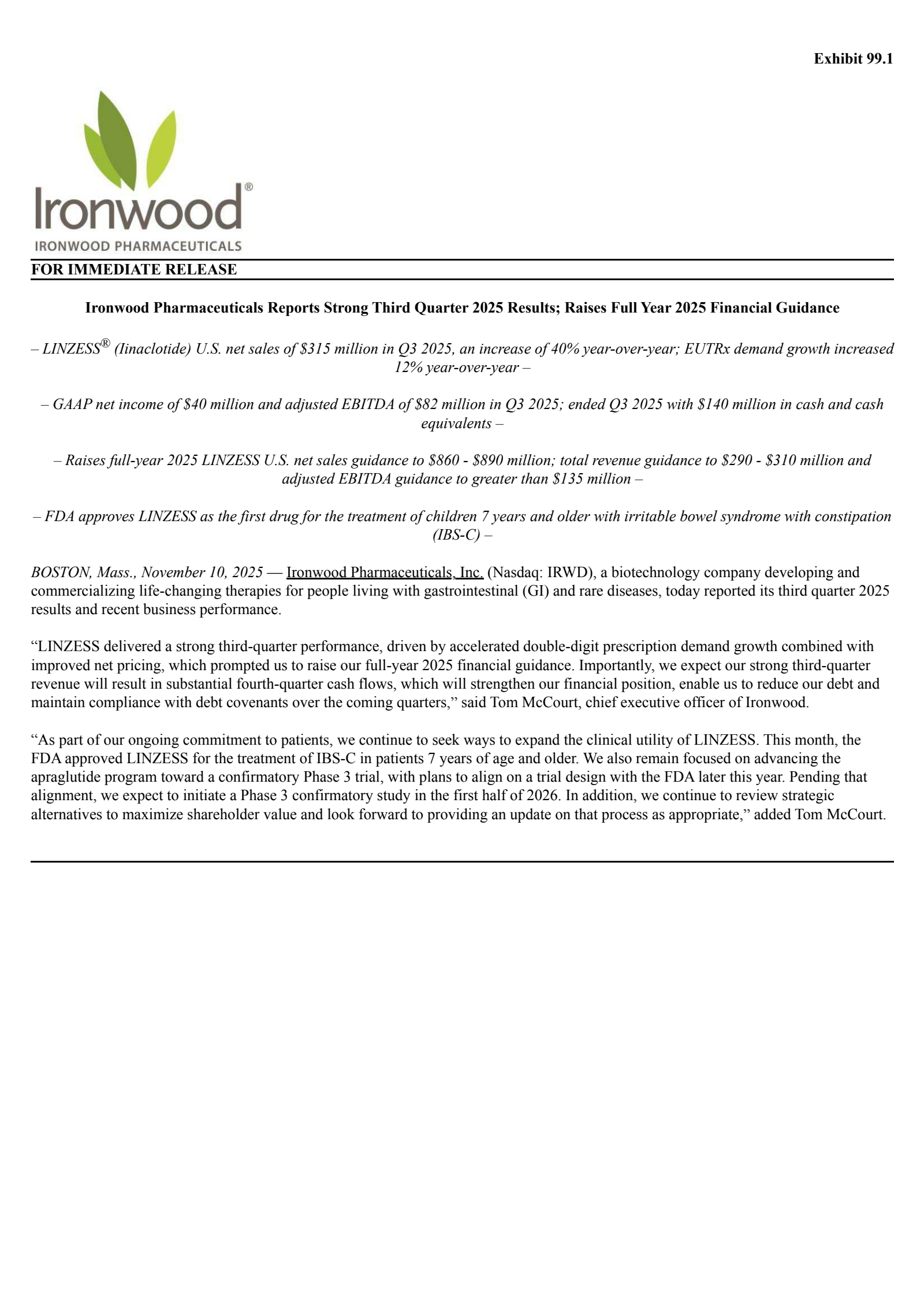Ironwood Pharmaceuticals' Q3 2025 Earnings Release