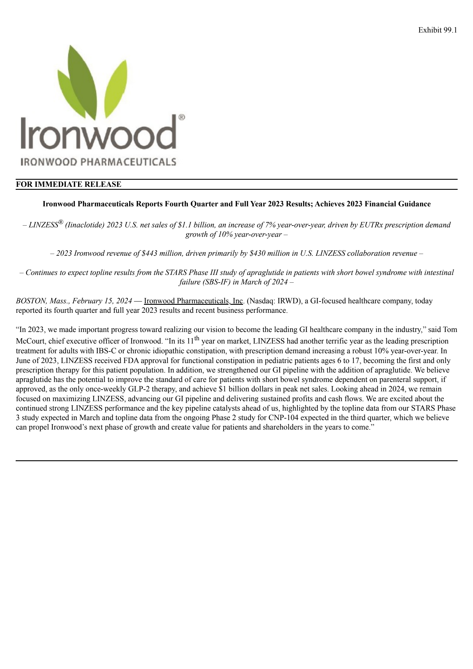 Ironwood Pharmaceuticals' Q4 2023 Press Release
