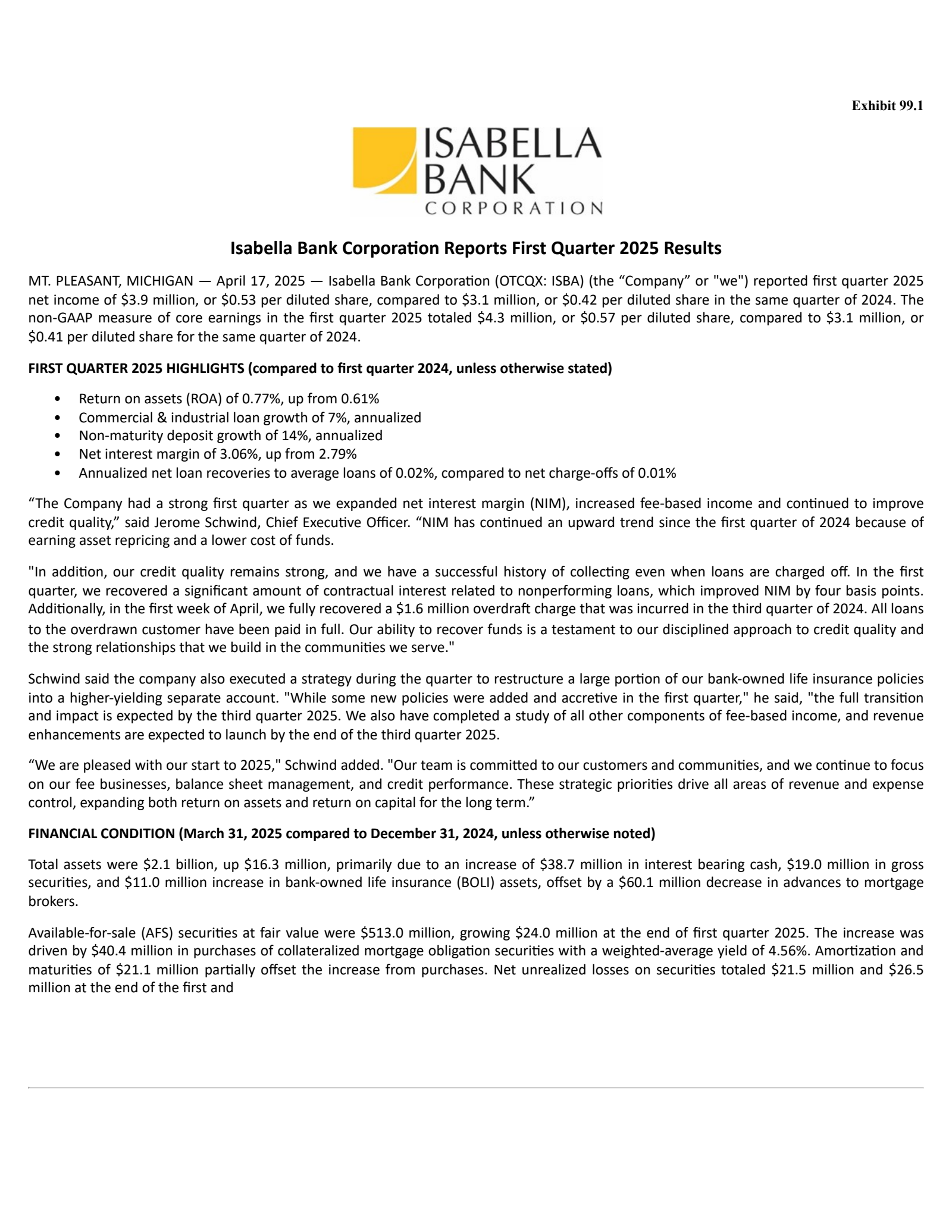Isabella Bank's Q1 2025 Press Release
