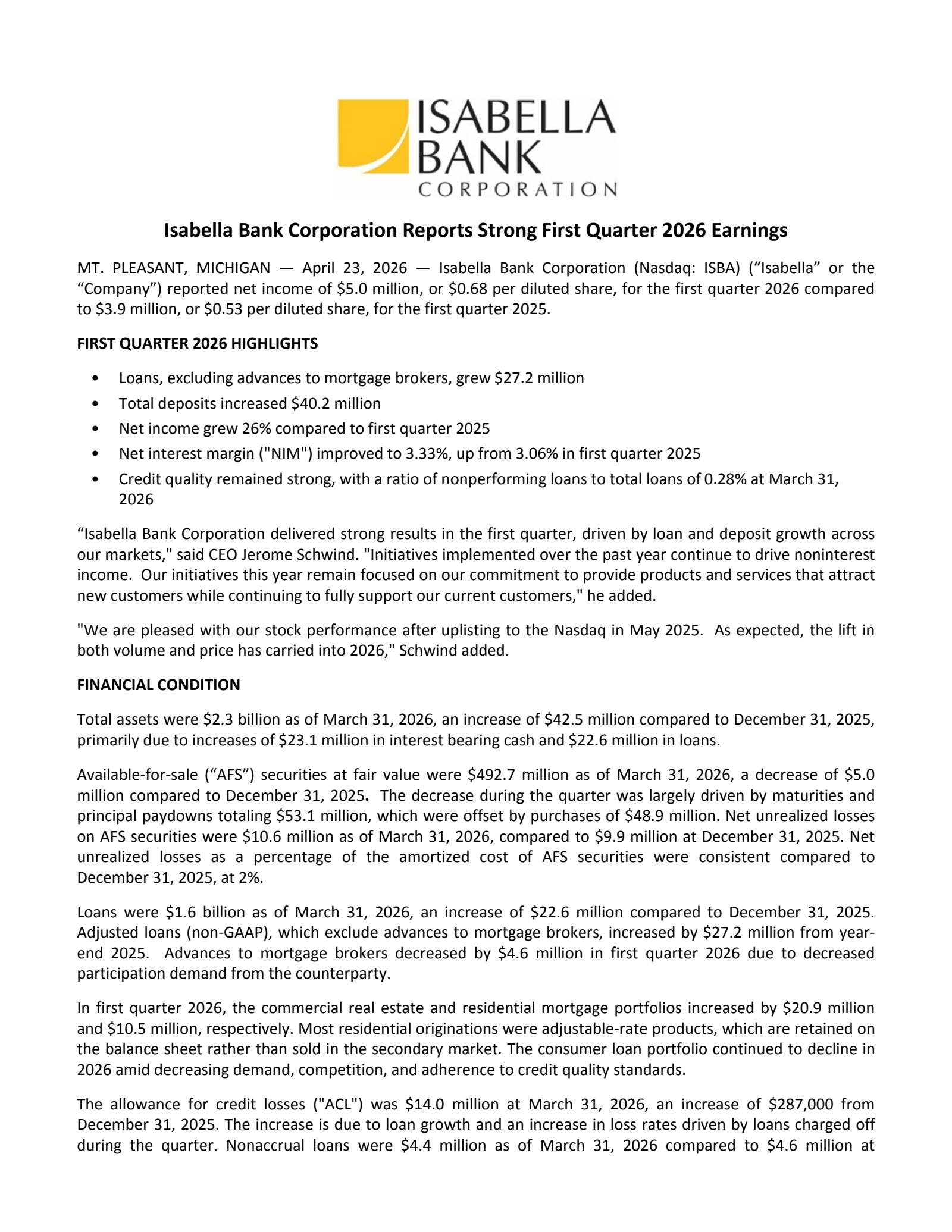 Isabella Bank's Q1 2026 Press Release